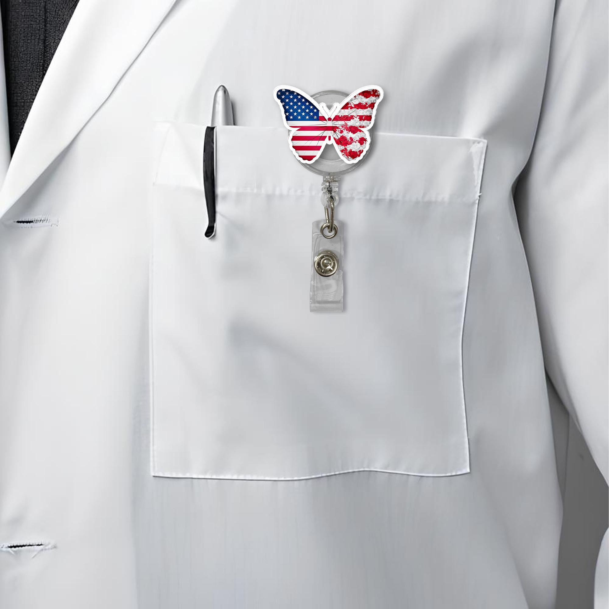 Patriotic Butterfly USA Flag Badge Reel, American 4th Of July ID Holder, Retractable Nurse Badge Clip, Teacher Lanyard Gift,Office Accessory
