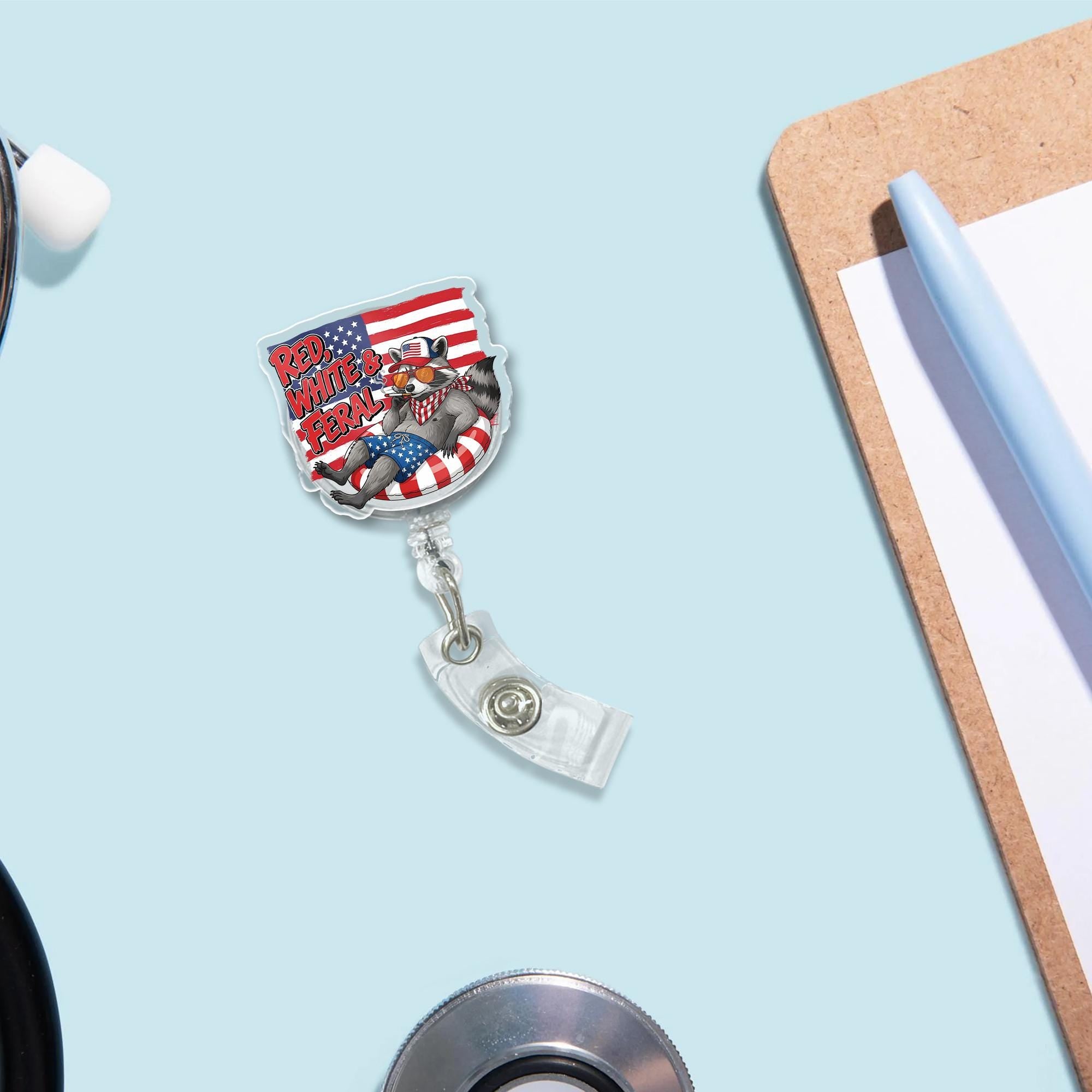 Funny Raccoon Badge Reel, Red White & Feral Design, Patriotic American Flag ID Holder, 4th of July Nurse Retractable Lanyard Gift