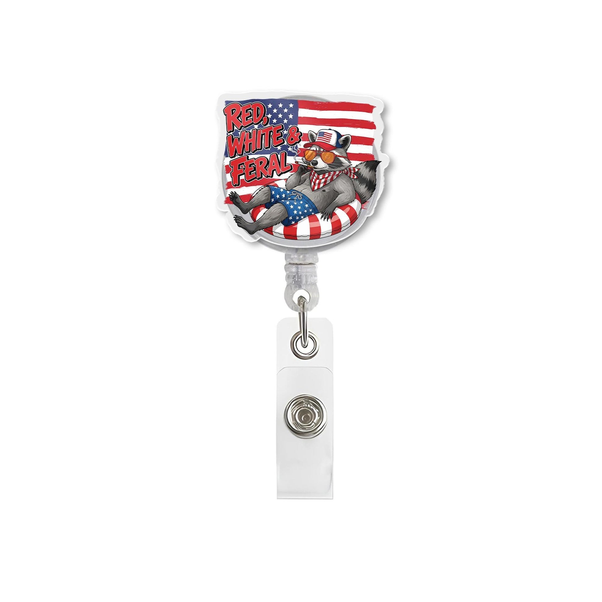 Funny Raccoon Badge Reel, Red White & Feral Design, Patriotic American Flag ID Holder, 4th of July Nurse Retractable Lanyard Gift