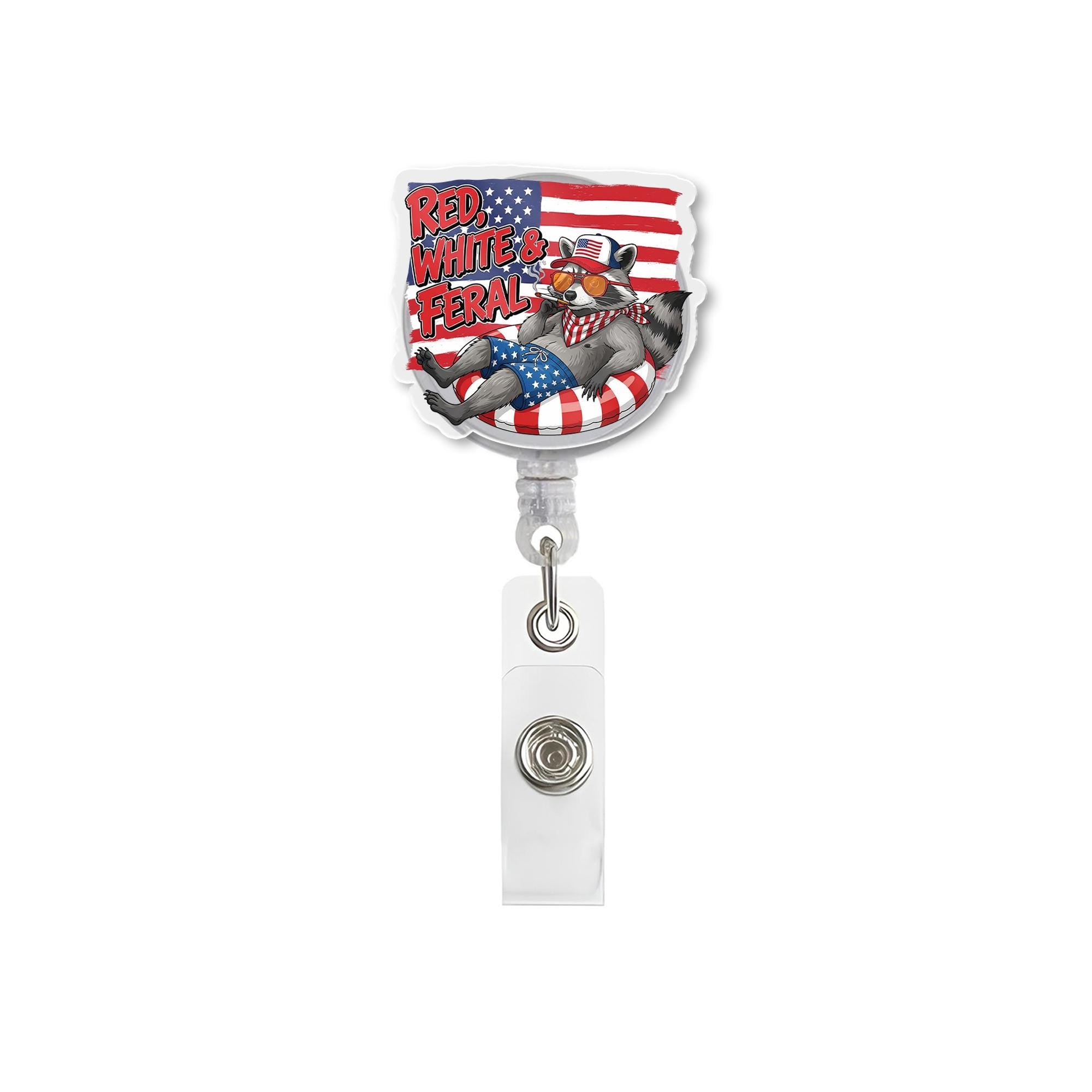 Funny Raccoon Badge Reel, Red White & Feral Design, Patriotic American Flag ID Holder, 4th of July Nurse Retractable Lanyard Gift