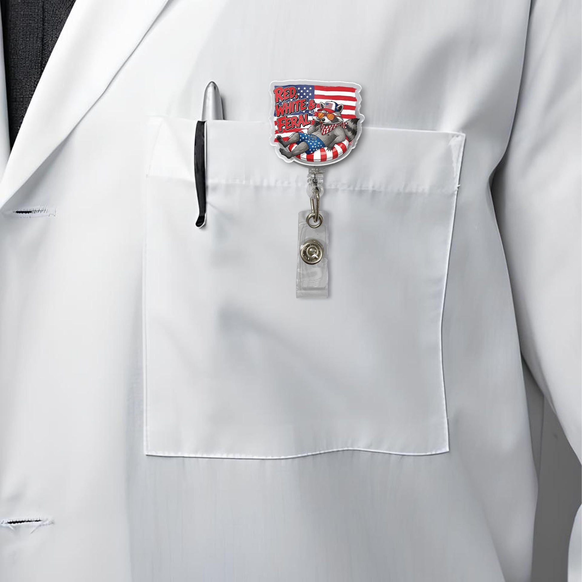 Funny Raccoon Badge Reel, Red White & Feral Design, Patriotic American Flag ID Holder, 4th of July Nurse Retractable Lanyard Gift