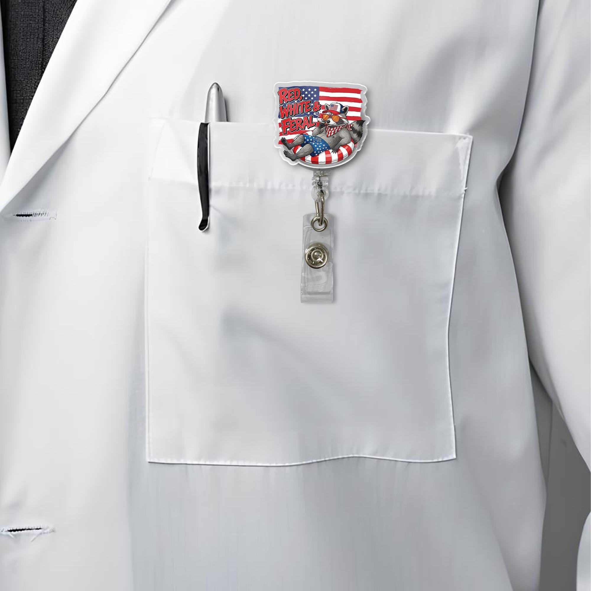 Funny Raccoon Badge Reel, Red White & Feral Design, Patriotic American Flag ID Holder, 4th of July Nurse Retractable Lanyard Gift