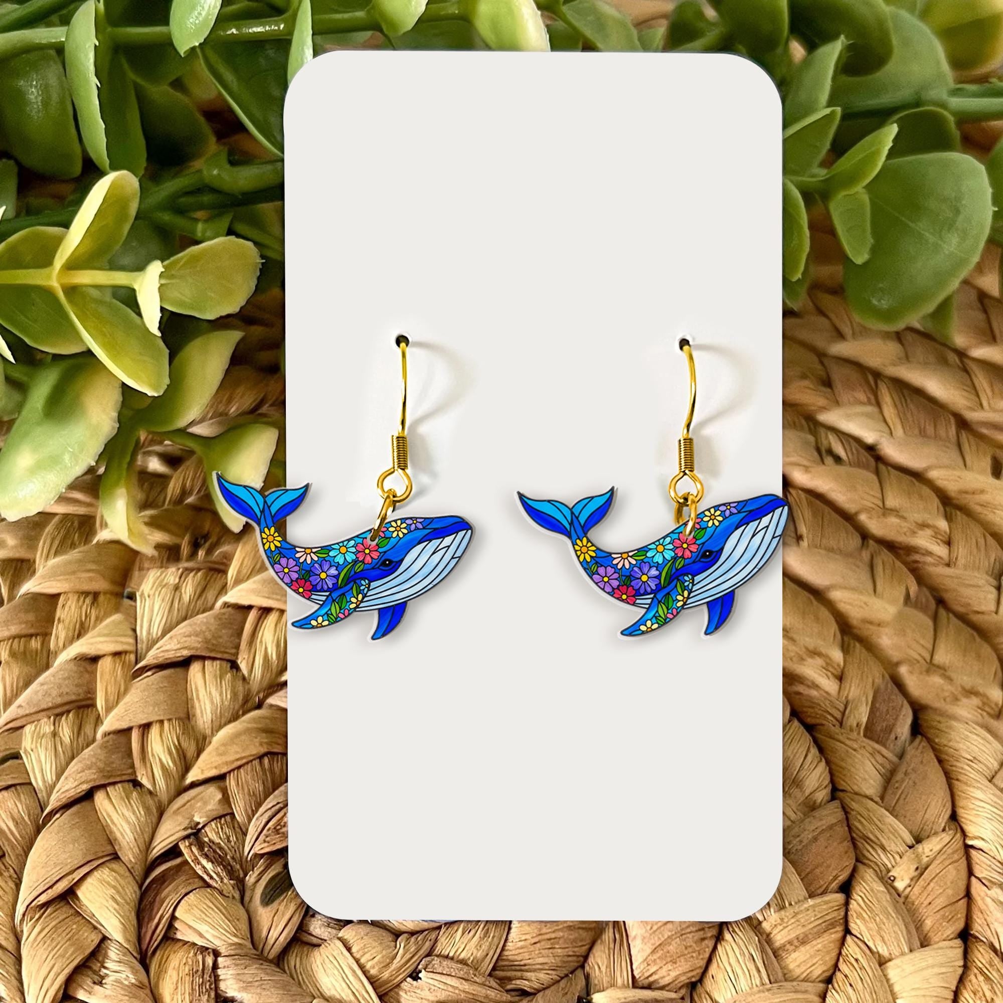 Floral Blue Whale Earrings – Ocean-Inspired Cute Sea Animal Jewelry – Nautical Nature Gift for Marine Life & Beach Lovers
