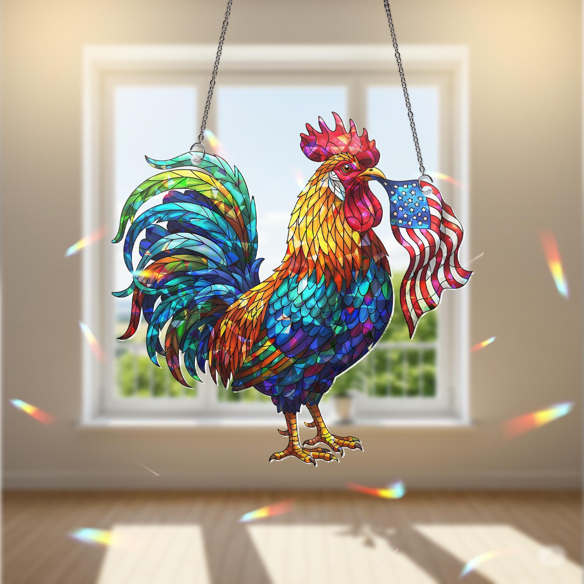 Patriotic Rooster Hologram Decor, USA Flag Chicken Decor, Colorful Stained Glass Bird, 4th of July Hologram Gift, Farmhouse Window Art