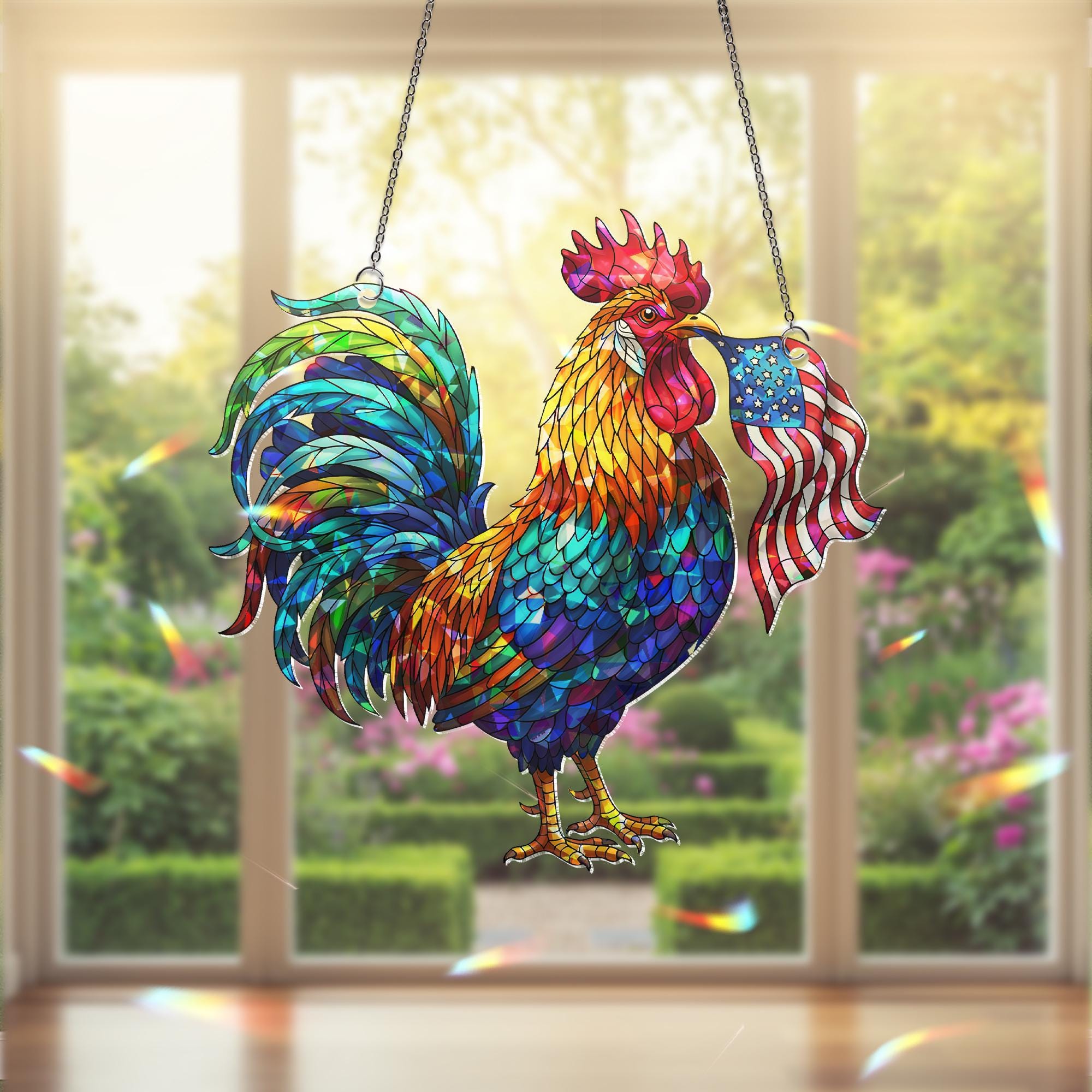 Patriotic Rooster Hologram Decor, USA Flag Chicken Decor, Colorful Stained Glass Bird, 4th of July Hologram Gift, Farmhouse Window Art