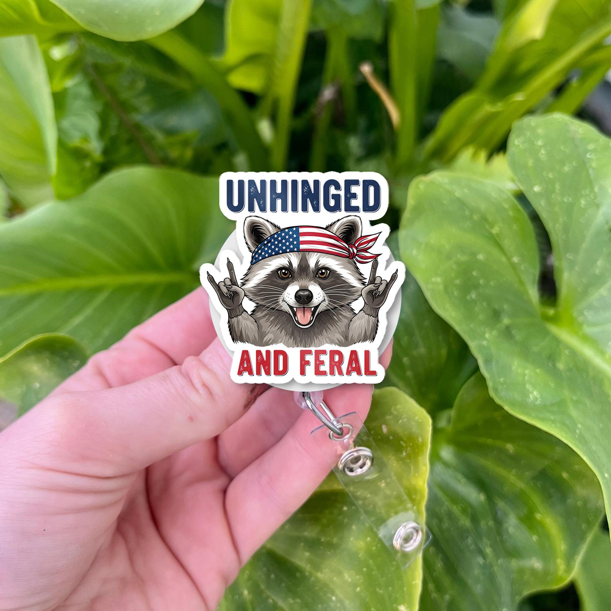 Unhinged and Feral Raccoon Badge Reel, Funny Trash Panda ID Holder, USA Flag Rock On, Patriotic Nurse Office, Retractable Clip, 4th Of July