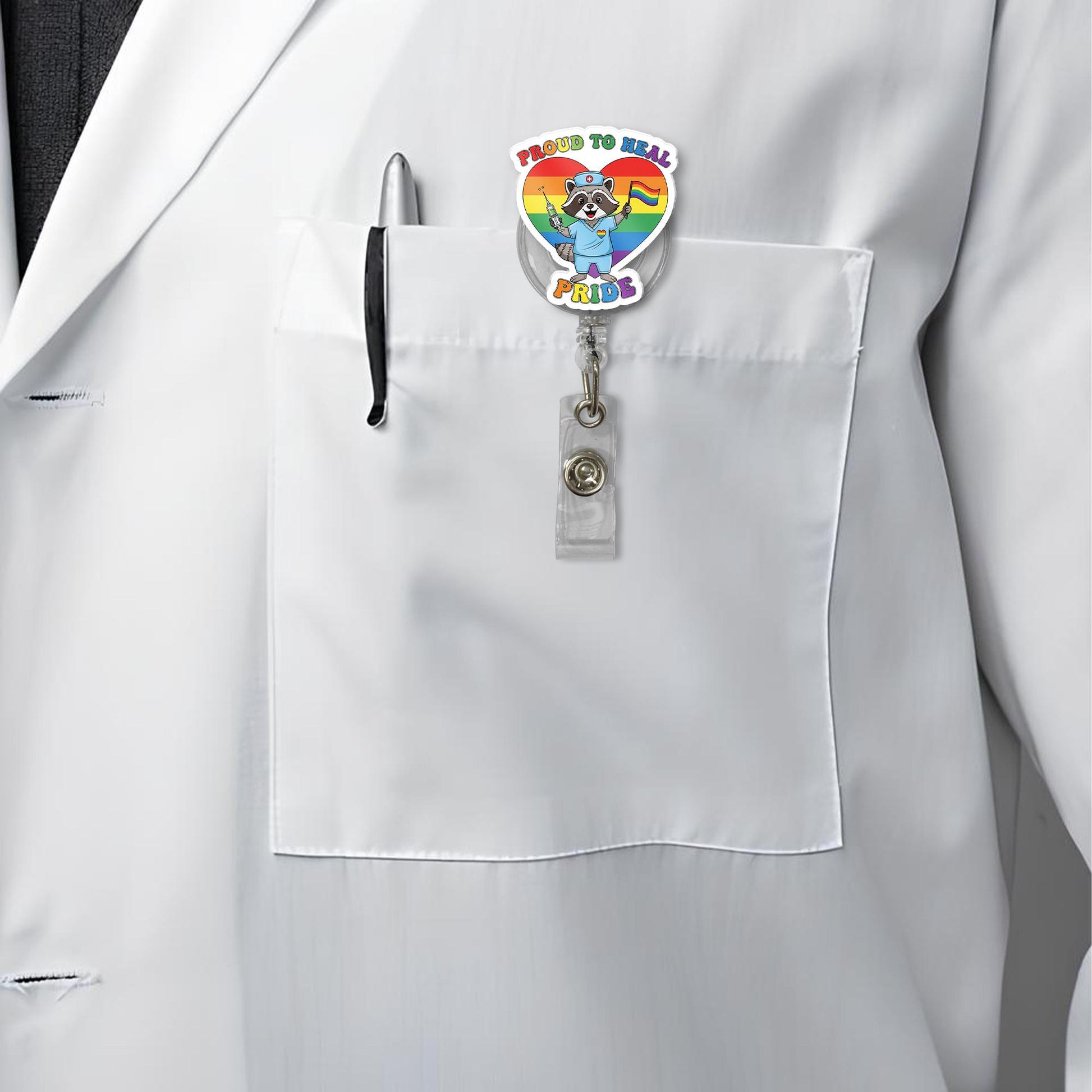 Proud To Heal Raccoon Nurse LGBTQ Pride Badge Reel, Cute Retractable ID Holder, Rainbow Medical Gift, Healthcare Worker Ally Accessory