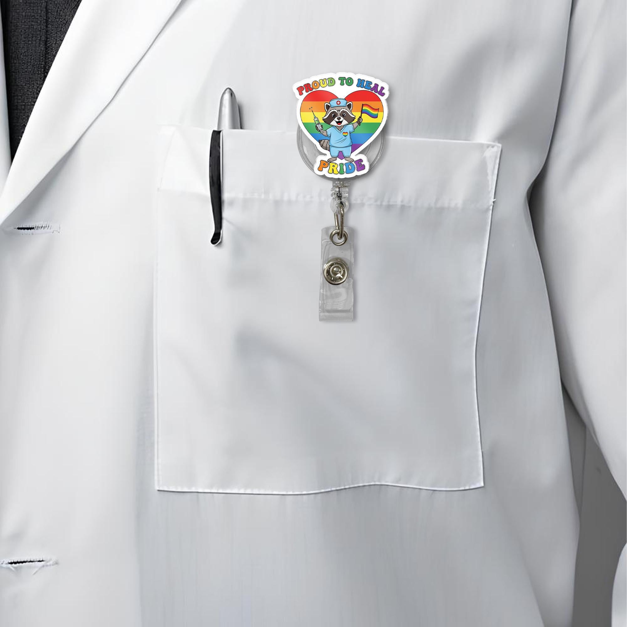 Proud To Heal Raccoon Nurse LGBTQ Pride Badge Reel, Cute Retractable ID Holder, Rainbow Medical Gift, Healthcare Worker Ally Accessory