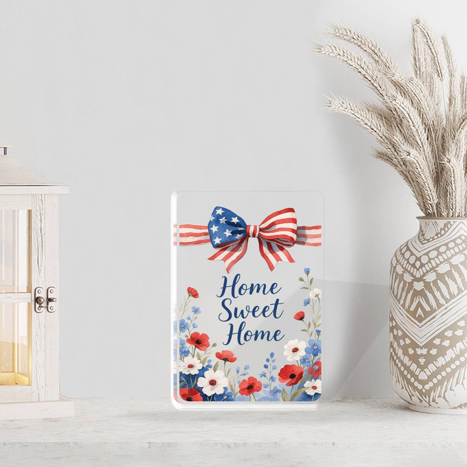 Home Sweet Home Acrylic Block, Patriotic USA Flag Bow, Red White Blue Floral Poppies, 4th Of July Gift, Housewarming Gift, American Pride