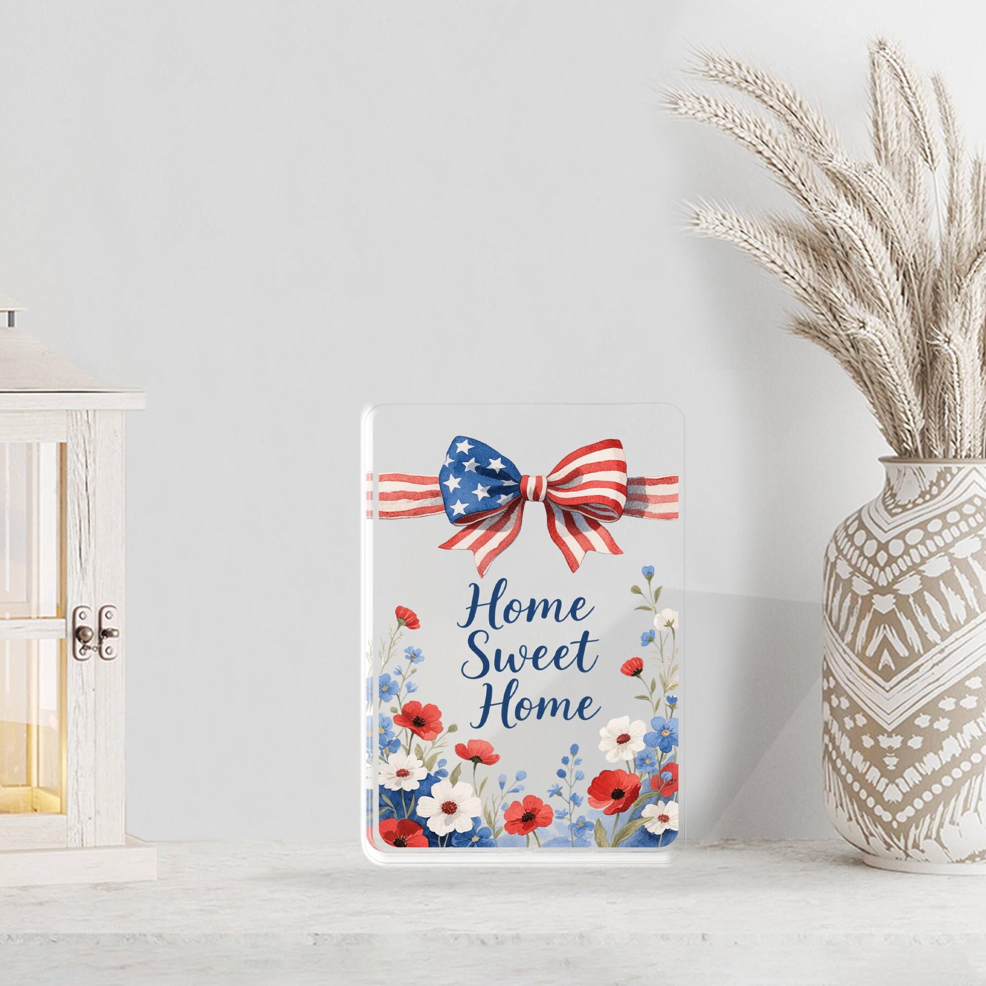 Home Sweet Home Acrylic Block, Patriotic USA Flag Bow, Red White Blue Floral Poppies, 4th Of July Gift, Housewarming Gift, American Pride
