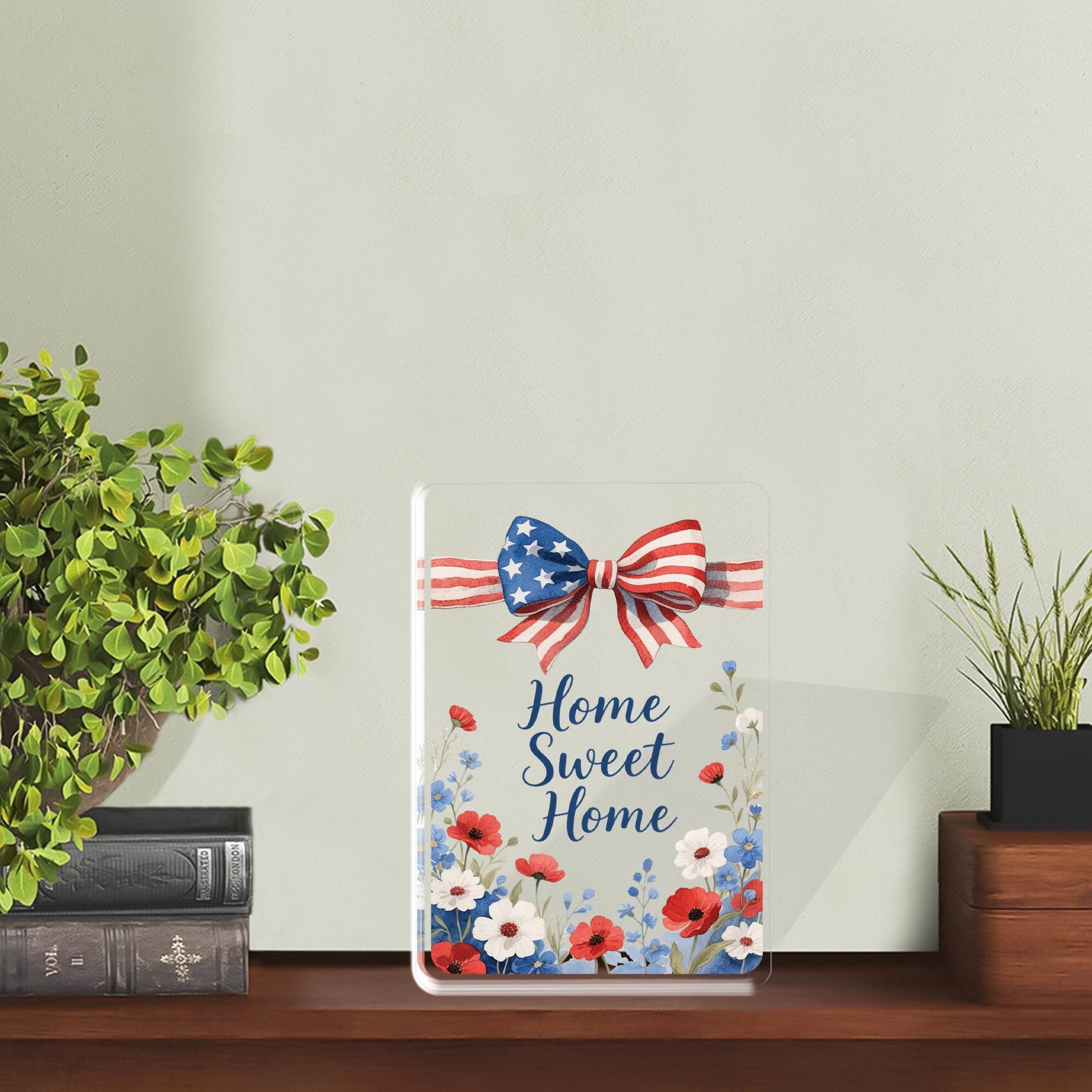 Home Sweet Home Acrylic Block, Patriotic USA Flag Bow, Red White Blue Floral Poppies, 4th Of July Gift, Housewarming Gift, American Pride