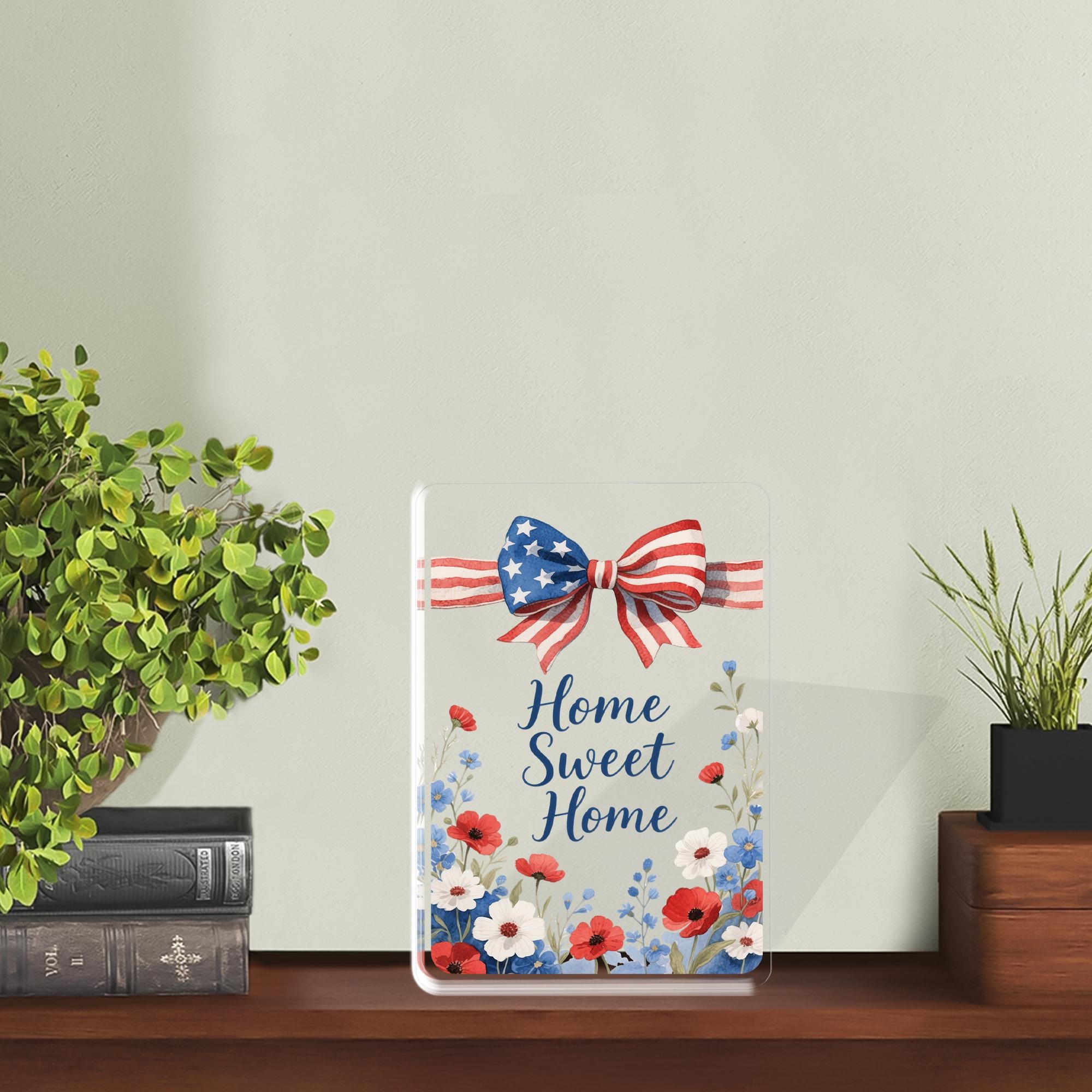 Home Sweet Home Acrylic Block, Patriotic USA Flag Bow, Red White Blue Floral Poppies, 4th Of July Gift, Housewarming Gift, American Pride