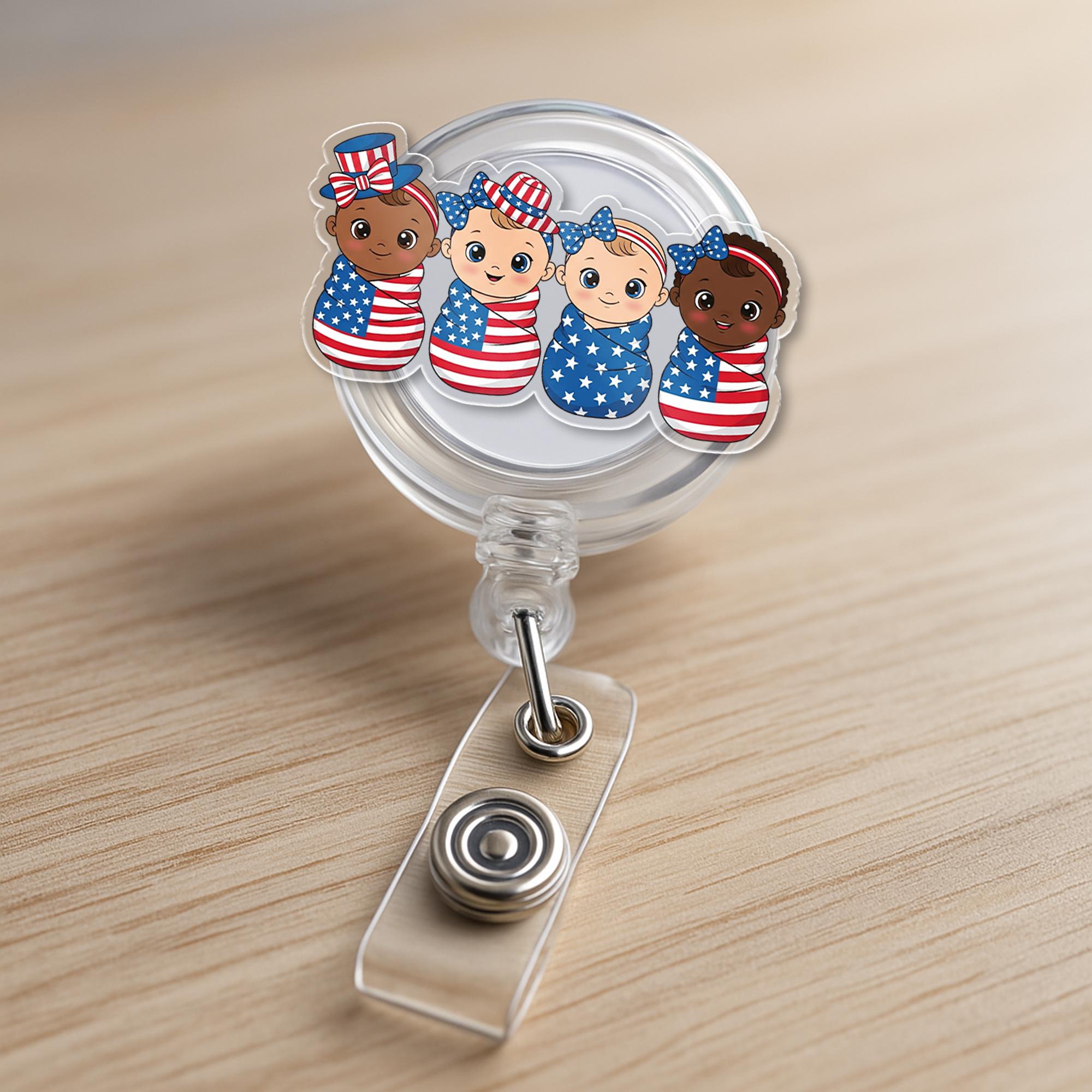 Patriotic Baby Badge Reel – Cute 4th of July ID Holder with Swaddled USA Babies – Nurse Pediatric NICU Gift – Red White Blue Clip
