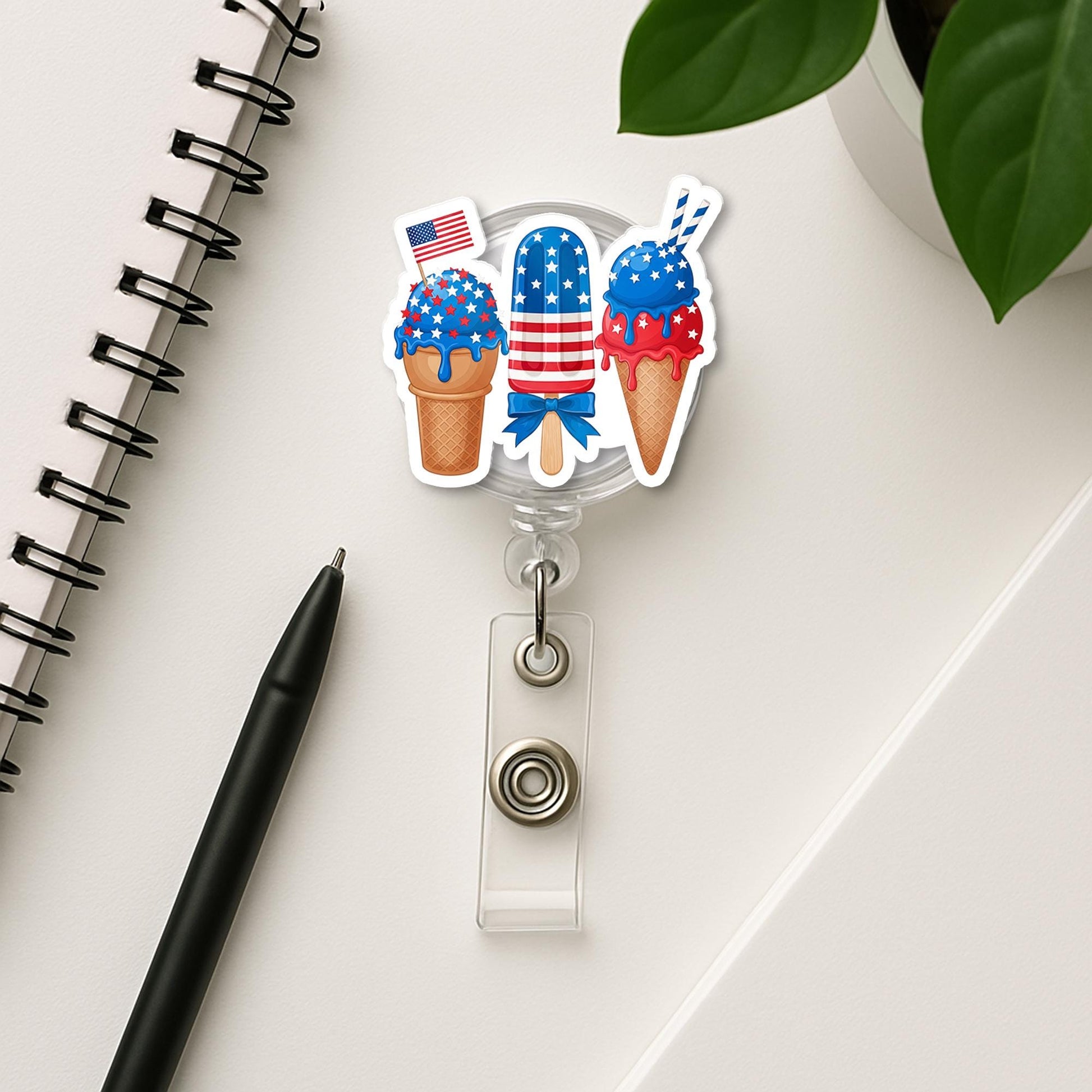 Patriotic Ice Cream Badge Reel – Cute 4th of July Popsicle ID Holder – Red White Blue Summer Treat Clip for Nurses & Teachers