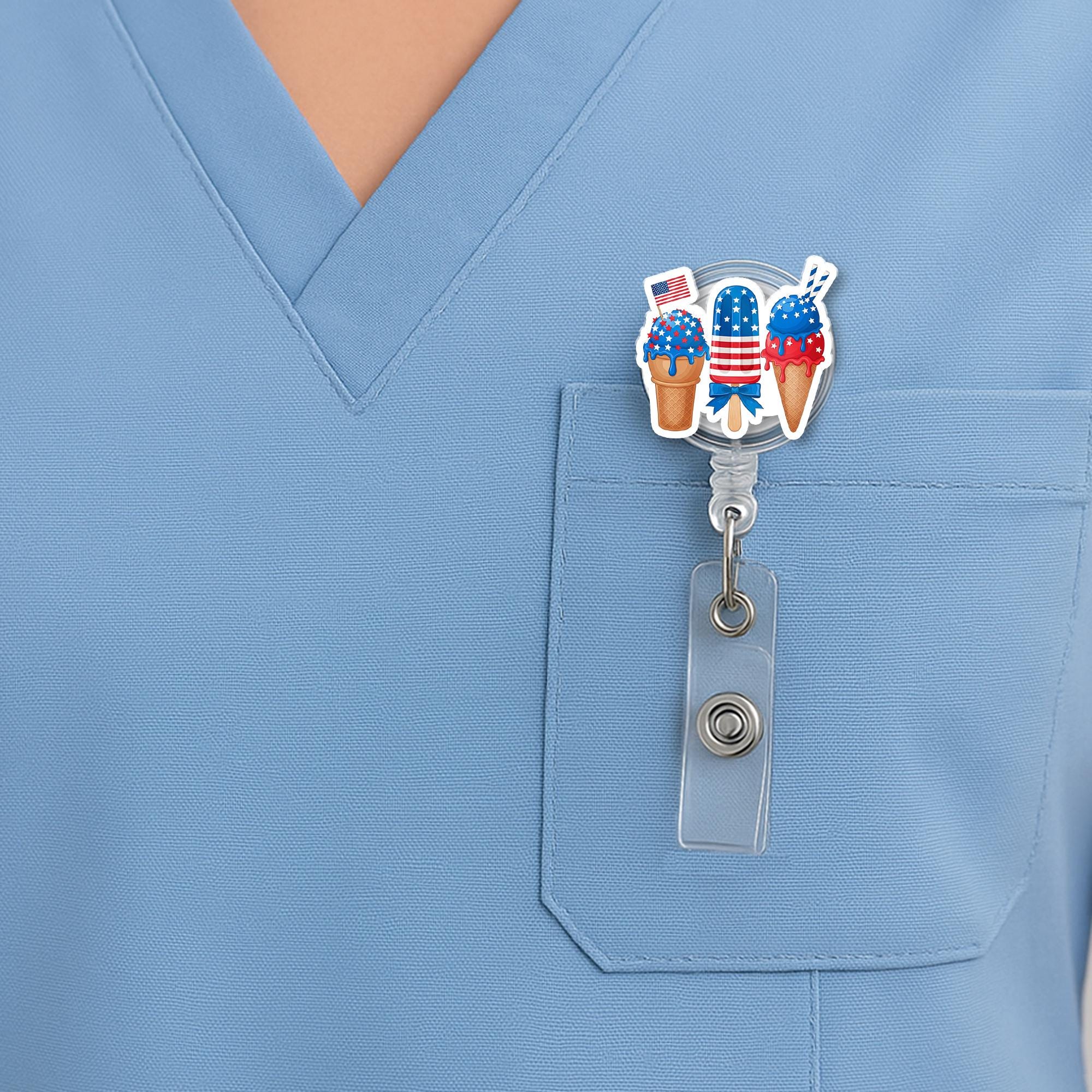 Patriotic Ice Cream Badge Reel – Cute 4th of July Popsicle ID Holder – Red White Blue Summer Treat Clip for Nurses & Teachers
