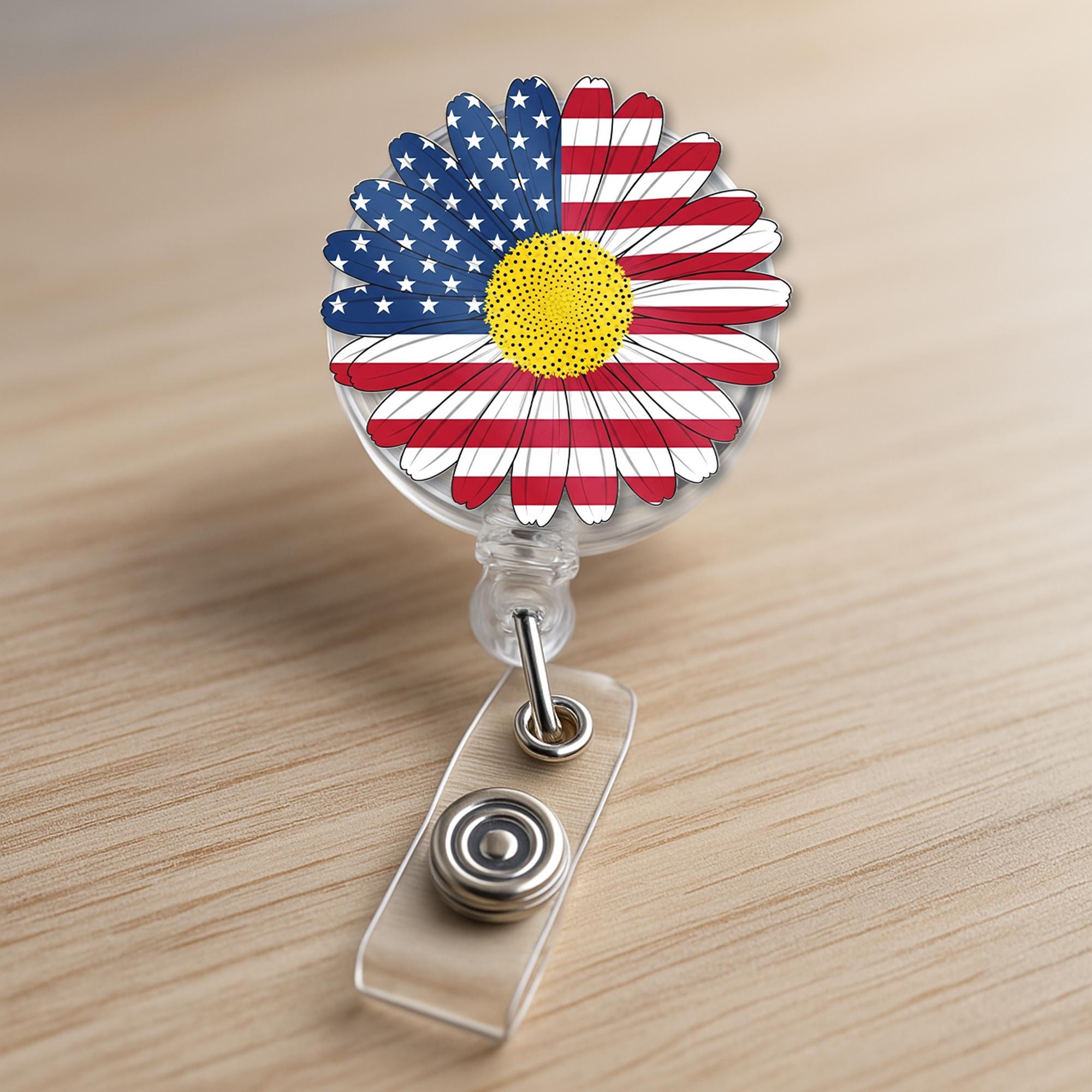 Patriotic Daisy Badge Reel – American Flag Flower ID Holder – 4th of July Clip – Cute Nurse or Teacher Accessory, Flower Badge Reel
