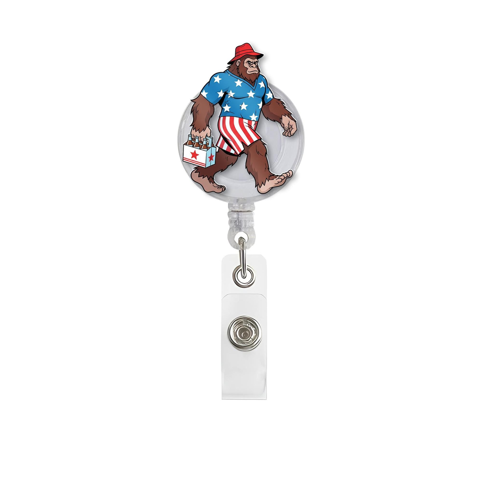 Patriotic Bigfoot Badge Reel – Funny 4th of July Sasquatch ID Holder – USA Summer Outfit Clip – Nurse Teacher Office Accessory
