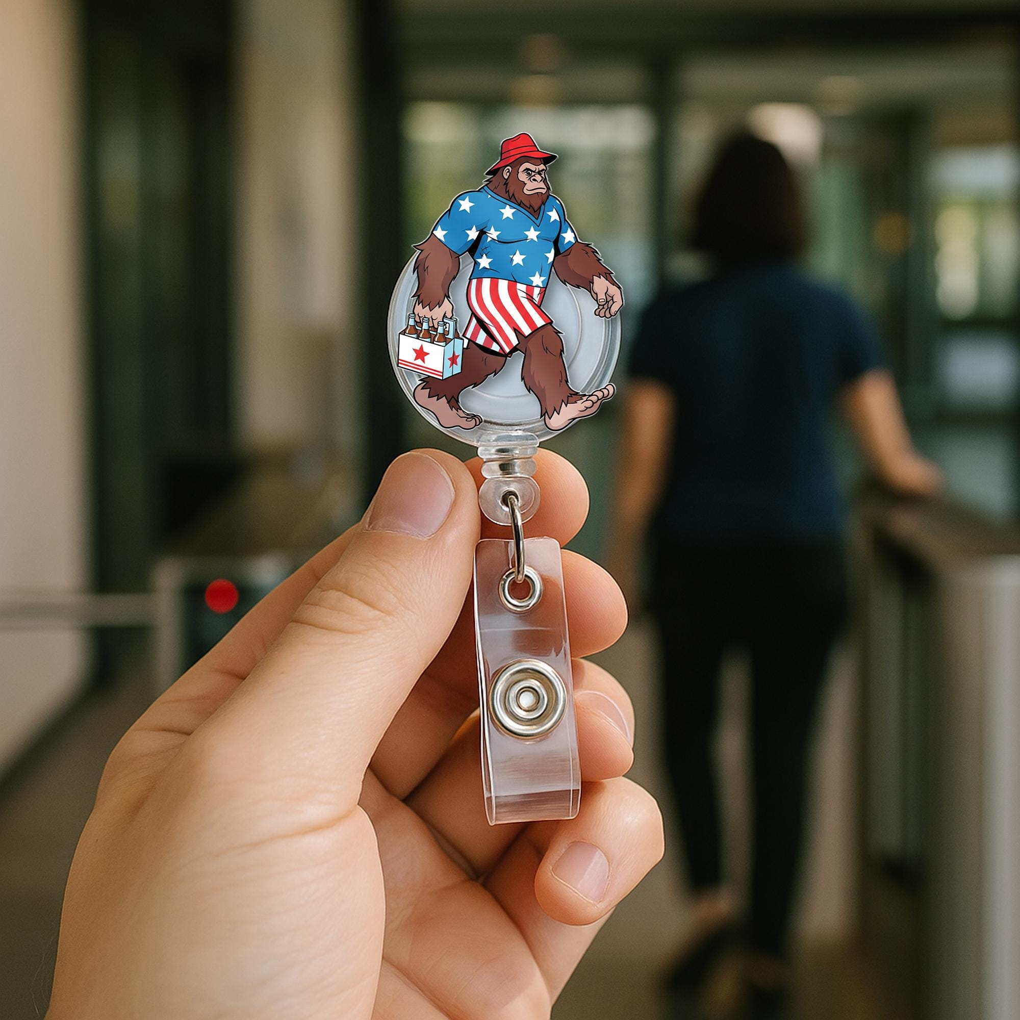 Patriotic Bigfoot Badge Reel – Funny 4th of July Sasquatch ID Holder – USA Summer Outfit Clip – Nurse Teacher Office Accessory