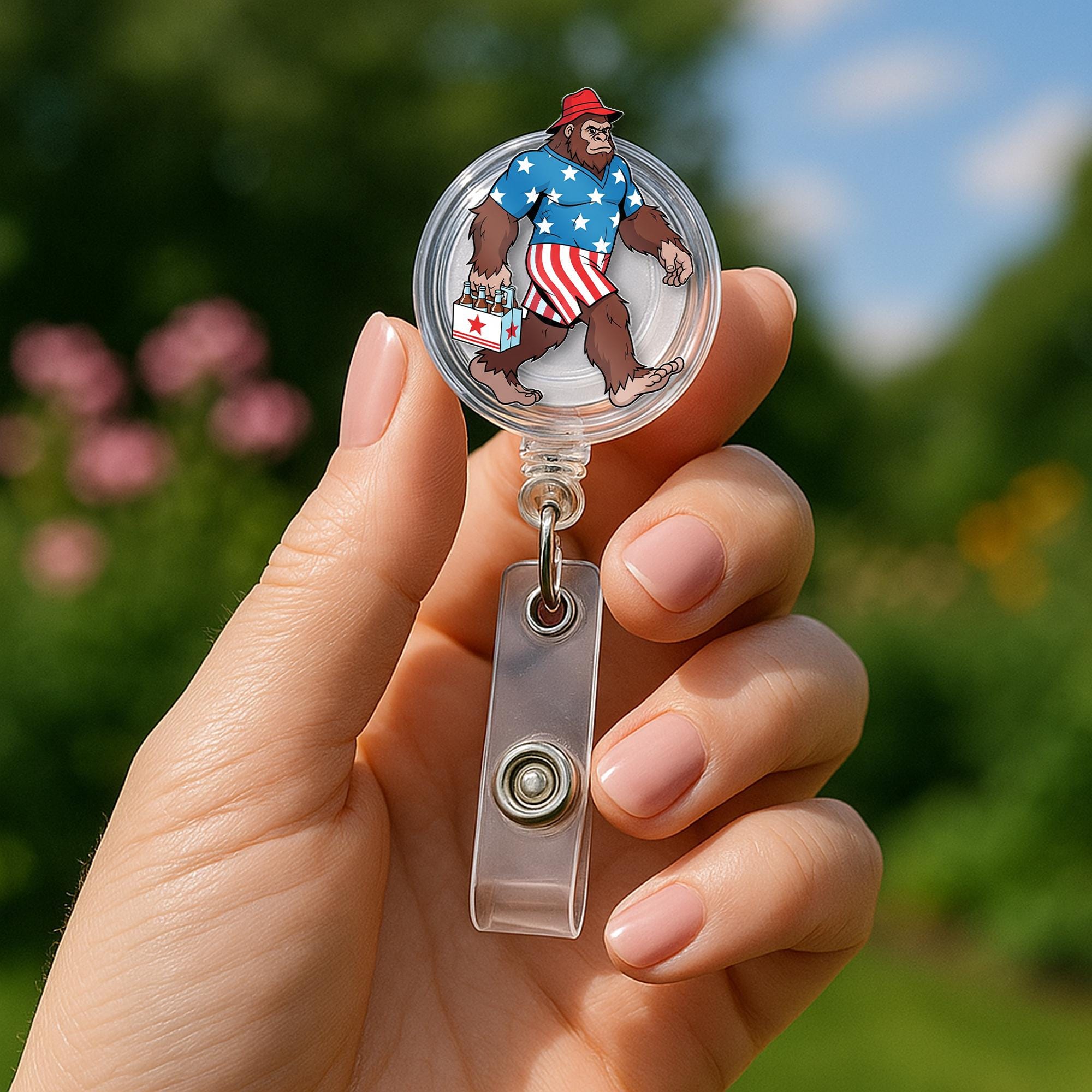 Patriotic Bigfoot Badge Reel – Funny 4th of July Sasquatch ID Holder – USA Summer Outfit Clip – Nurse Teacher Office Accessory