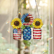 Patriotic Sunflower Mason Jar Acrylic Window Hanging, American Flag Decor, 4th of July, Memorial Day Gift, USA Pride Ornament