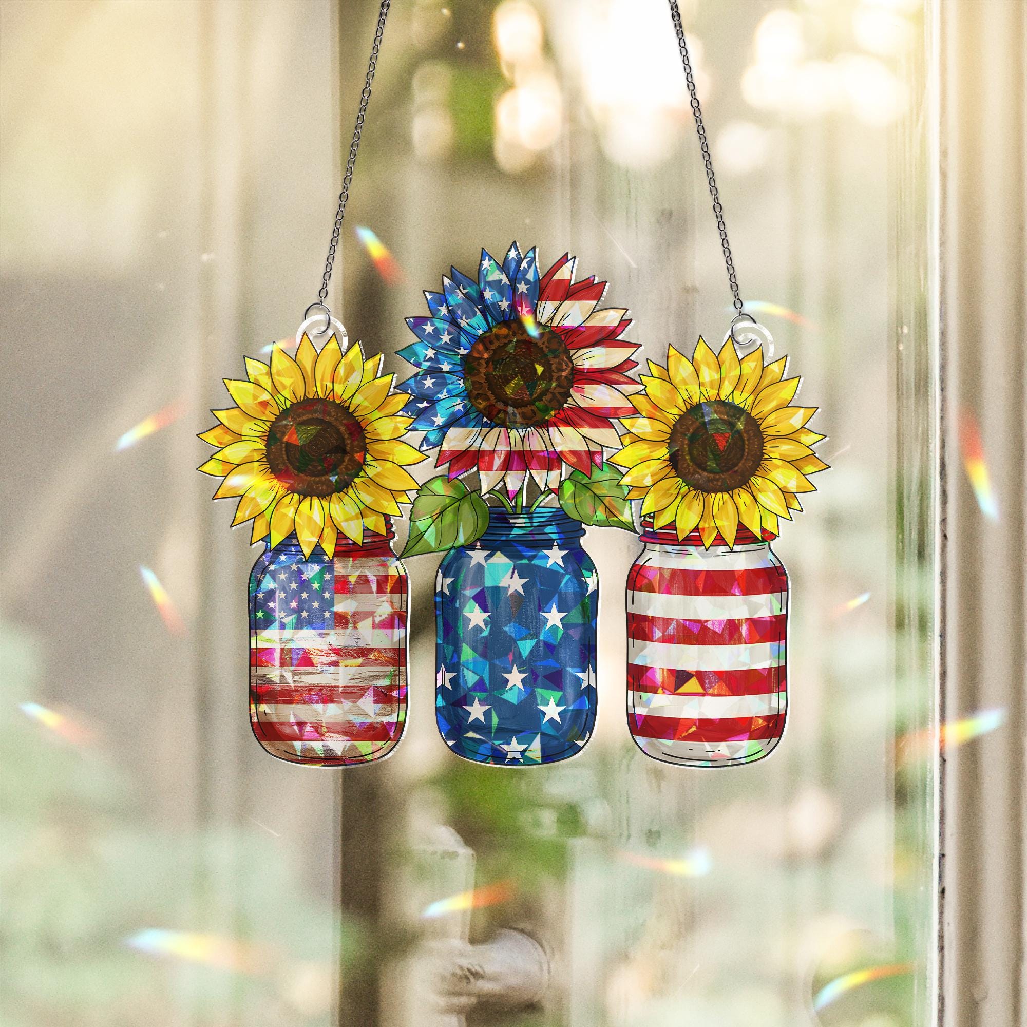 Patriotic Sunflower Mason Jar Acrylic Window Hanging, American Flag Decor, 4th of July, Memorial Day Gift, USA Pride Ornament