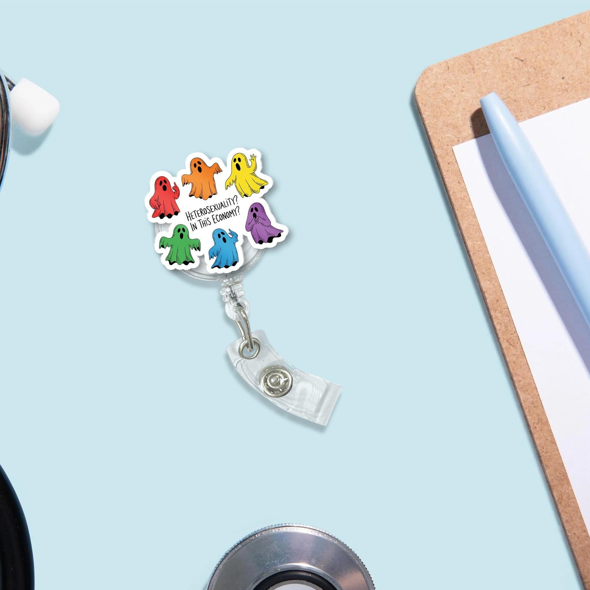 Funny LGBTQ Ghost Badge Reel - Heterosexuality in This Economy - Pride ID Clip - Queer Nurse Gift - Rainbow Badge Holder