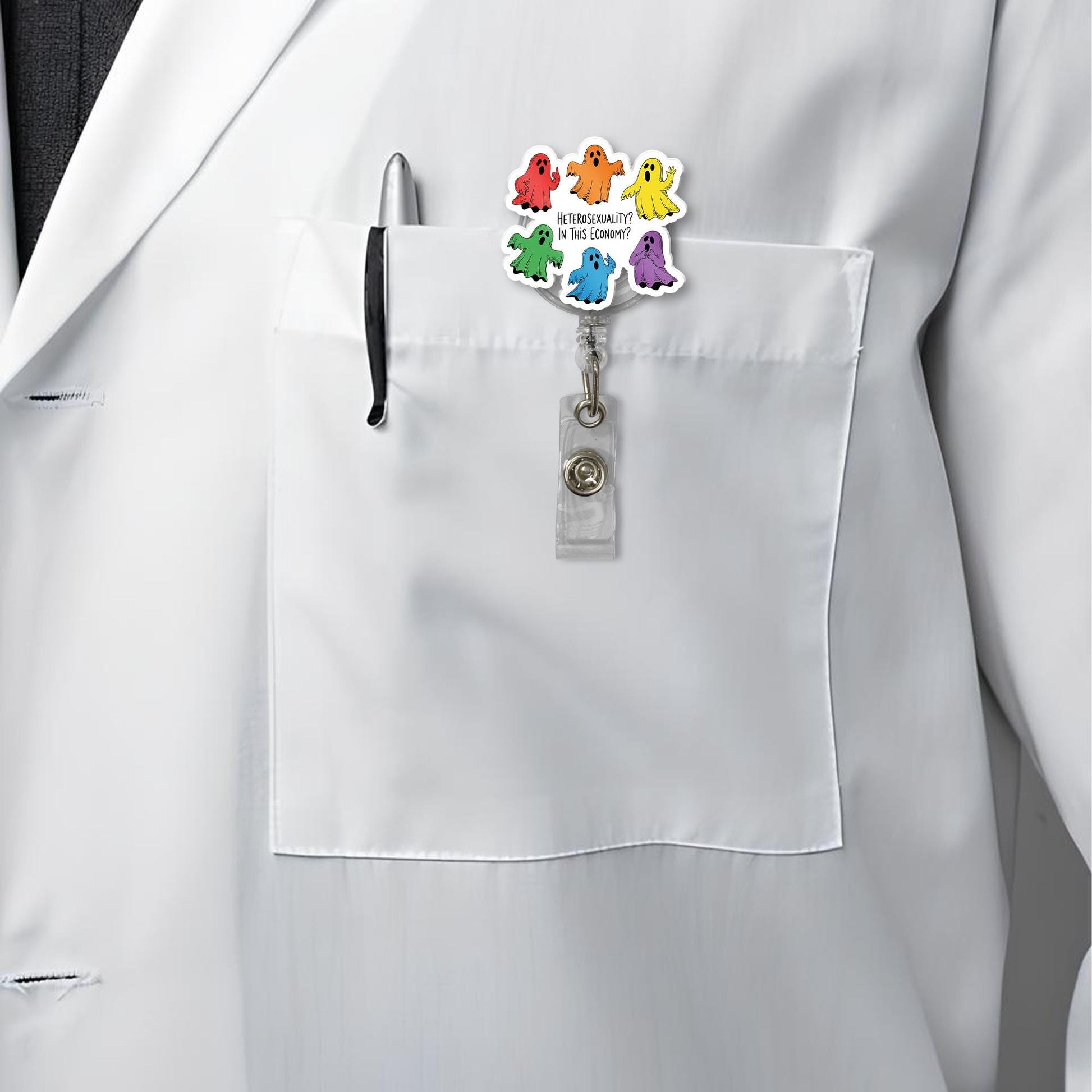 Funny LGBTQ Ghost Badge Reel - Heterosexuality in This Economy - Pride ID Clip - Queer Nurse Gift - Rainbow Badge Holder