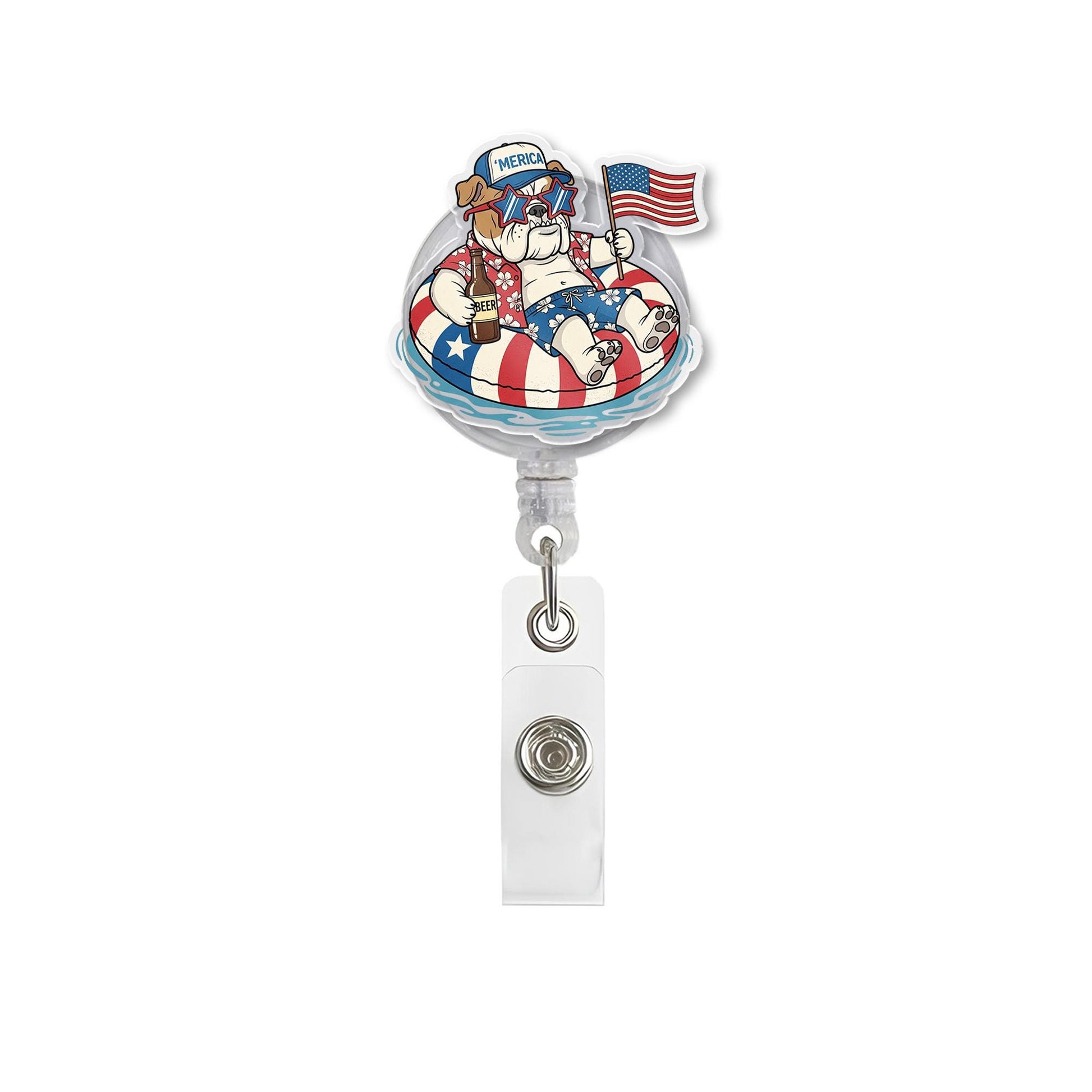Funny Patriotic Bulldog Badge Reel – 4th of July Dog in Pool Float ID Holder – ‘Merica Summer Clip for Nurse, Vet, or Teacher