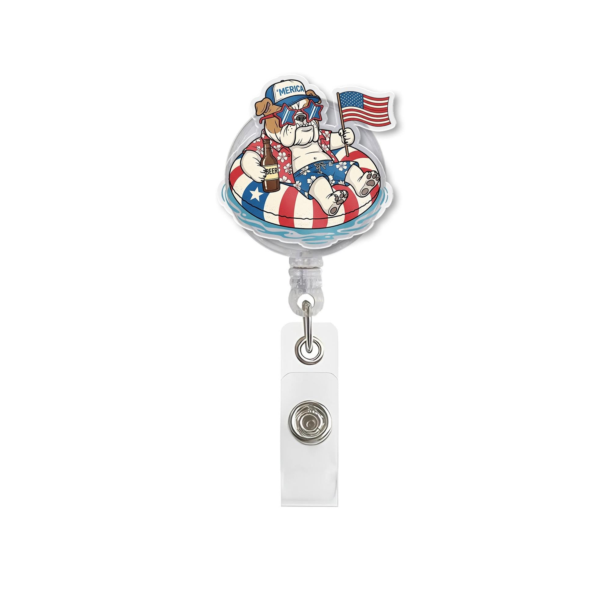 Funny Patriotic Bulldog Badge Reel – 4th of July Dog in Pool Float ID Holder – ‘Merica Summer Clip for Nurse, Vet, or Teacher