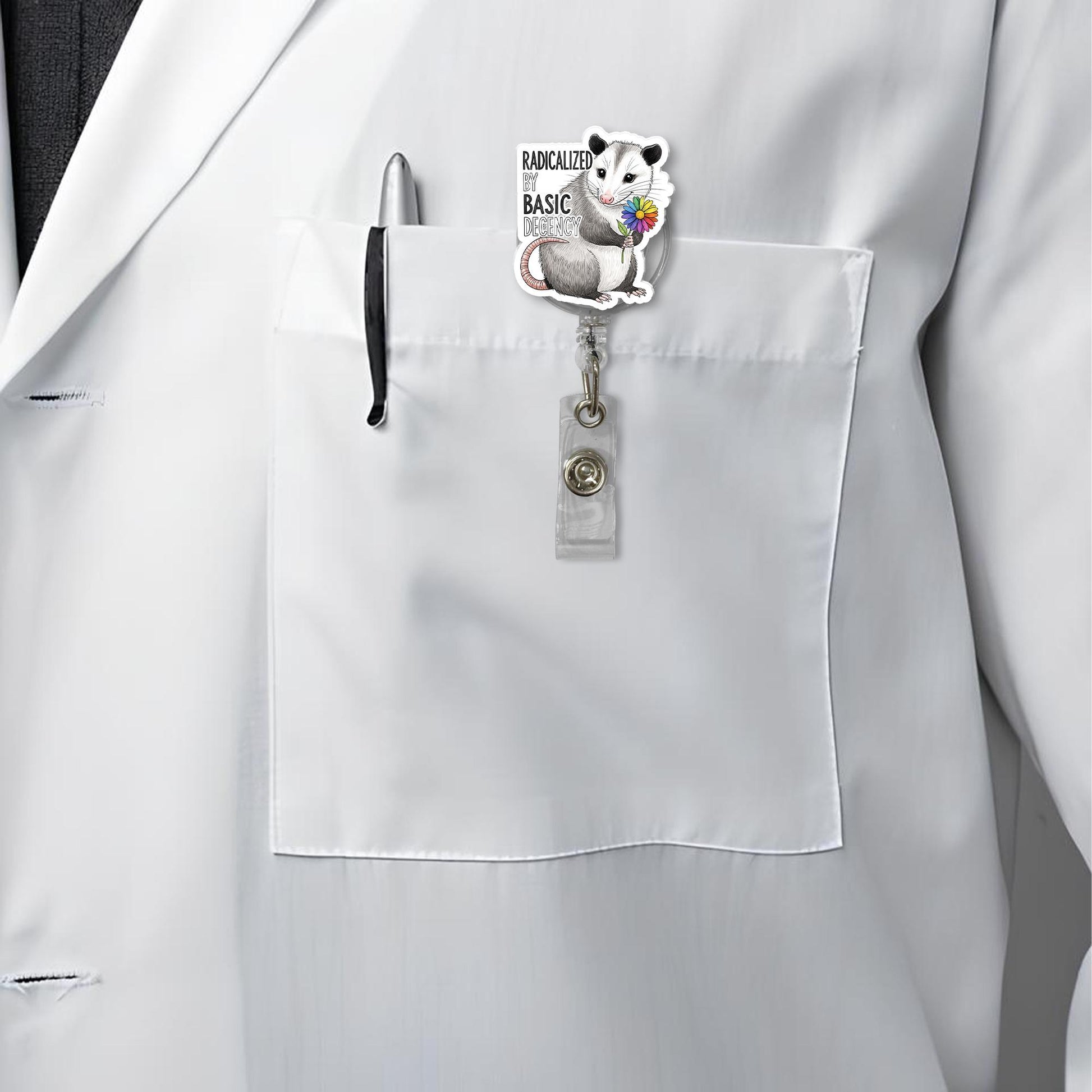 Funny Possum Badge Reel - Radicalized by Basic Decency - LGBTQ Nurse ID Clip - Cute Progressive Work Badge Holder