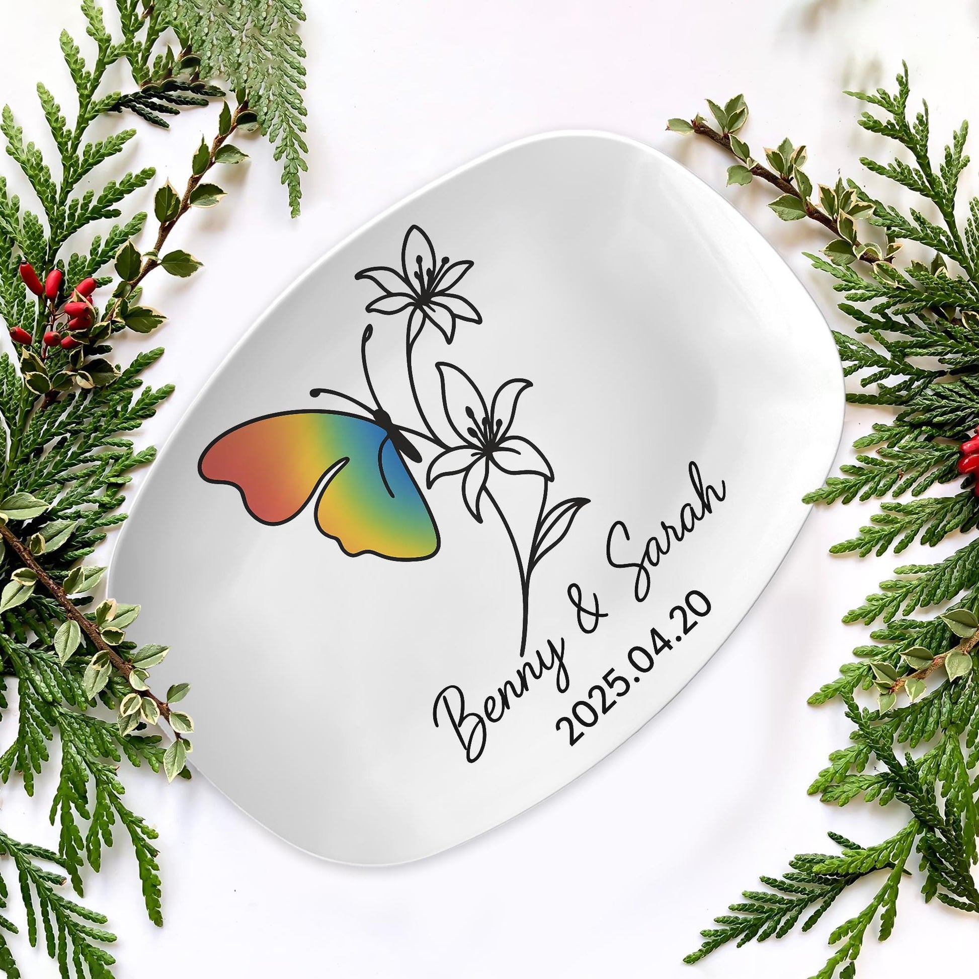 Personalized Butterfly Flower Platter – Custom LGBT Rainbow Pride Tray – Colorful Nature-Inspired Gift for Weddings, Home Decor