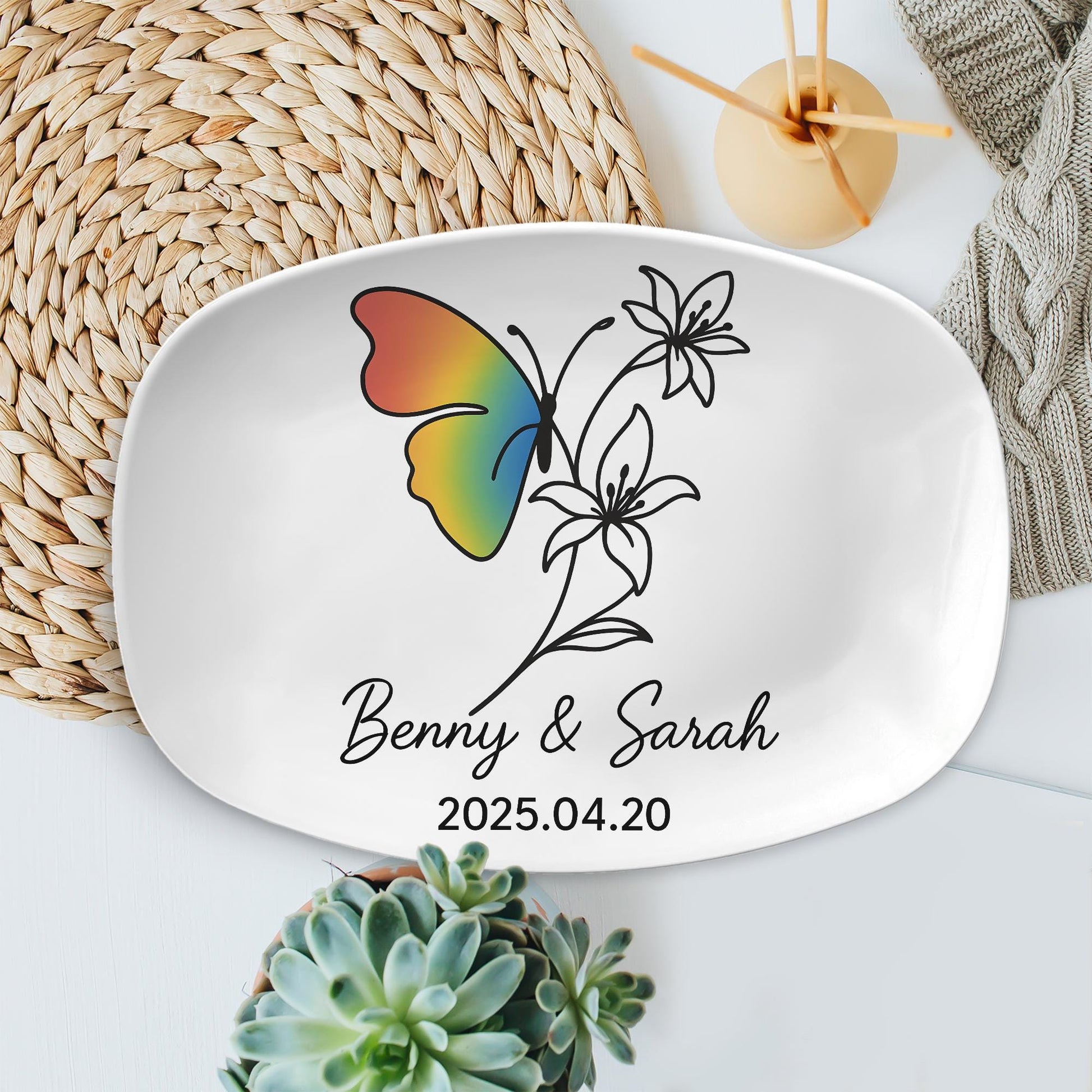 Personalized Butterfly Flower Platter – Custom LGBT Rainbow Pride Tray – Colorful Nature-Inspired Gift for Weddings, Home Decor