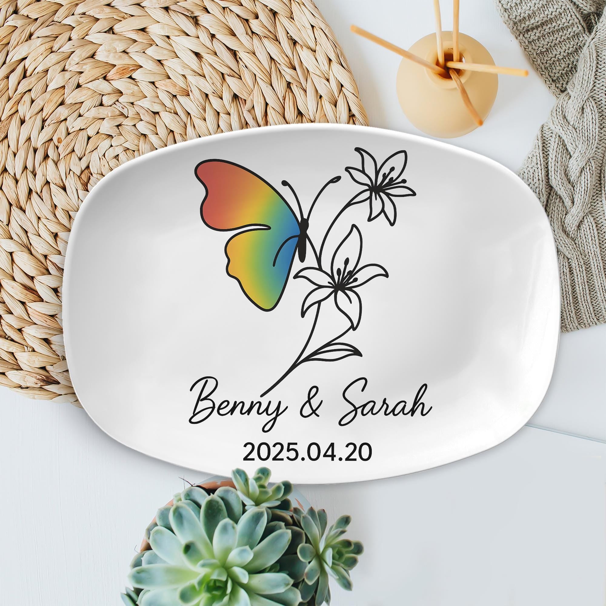 Personalized Butterfly Flower Platter – Custom LGBT Rainbow Pride Tray – Colorful Nature-Inspired Gift for Weddings, Home Decor