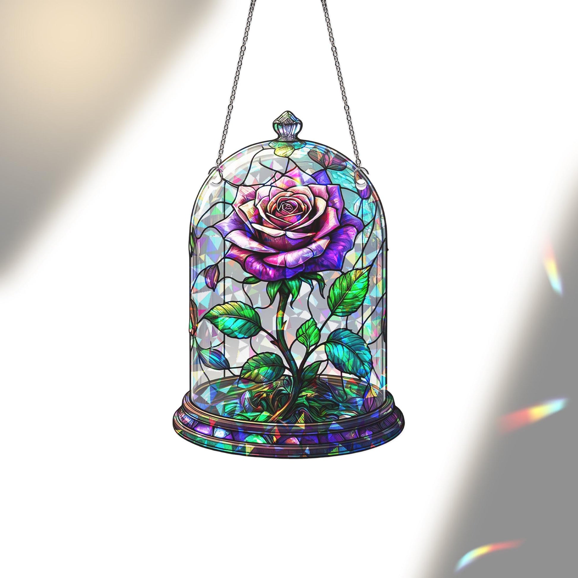 Enchanted Rose Acrylic Window Hanging – Stained Glass Look Sun Catcher, Romantic Flower Decor, Beauty Inspired Gift for Her
