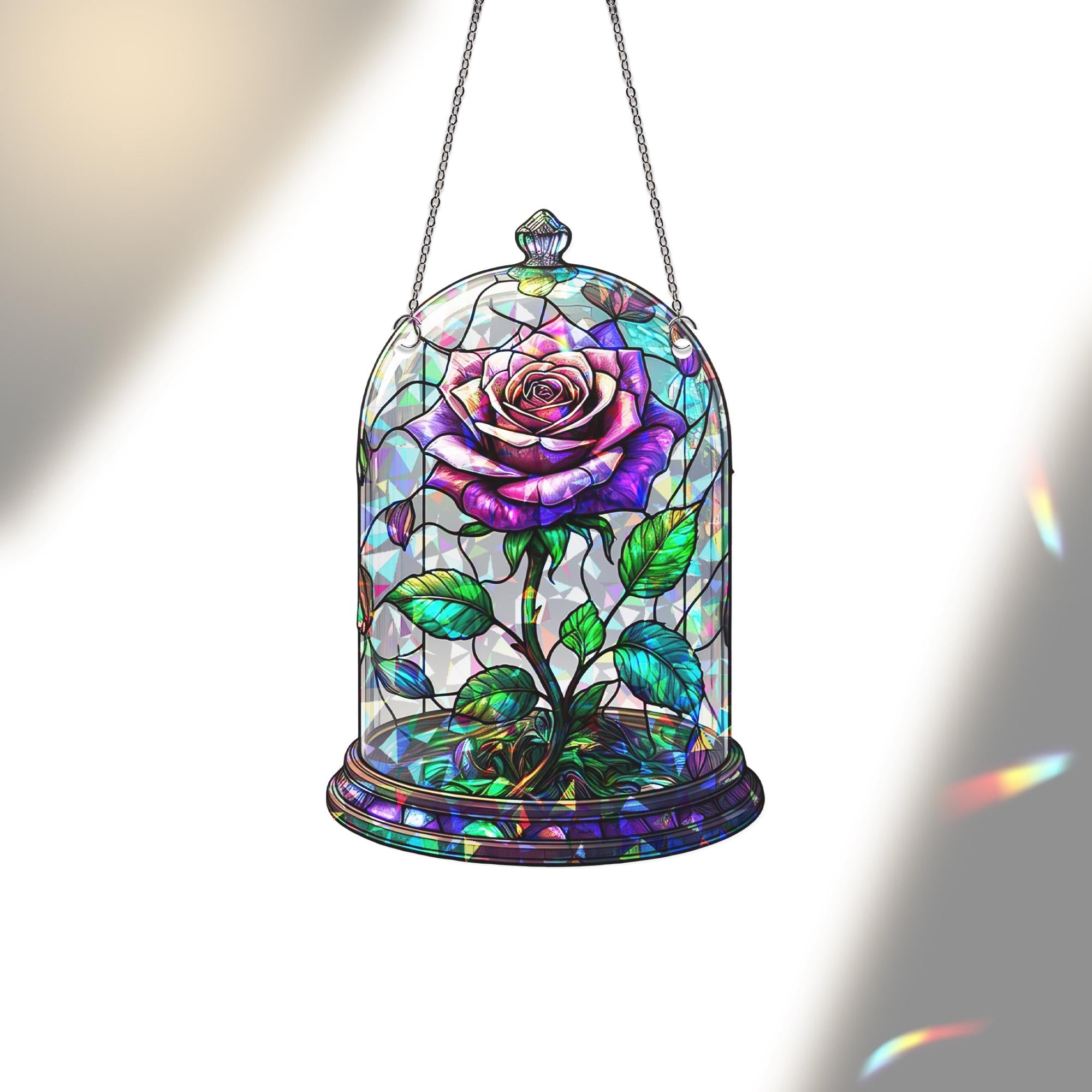 Enchanted Rose Acrylic Window Hanging – Stained Glass Look Sun Catcher, Romantic Flower Decor, Beauty Inspired Gift for Her