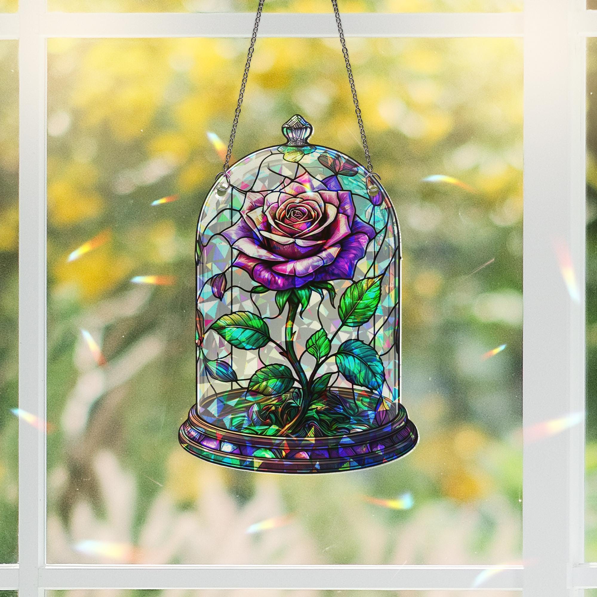Enchanted Rose Acrylic Window Hanging – Stained Glass Look Sun Catcher, Romantic Flower Decor, Beauty Inspired Gift for Her