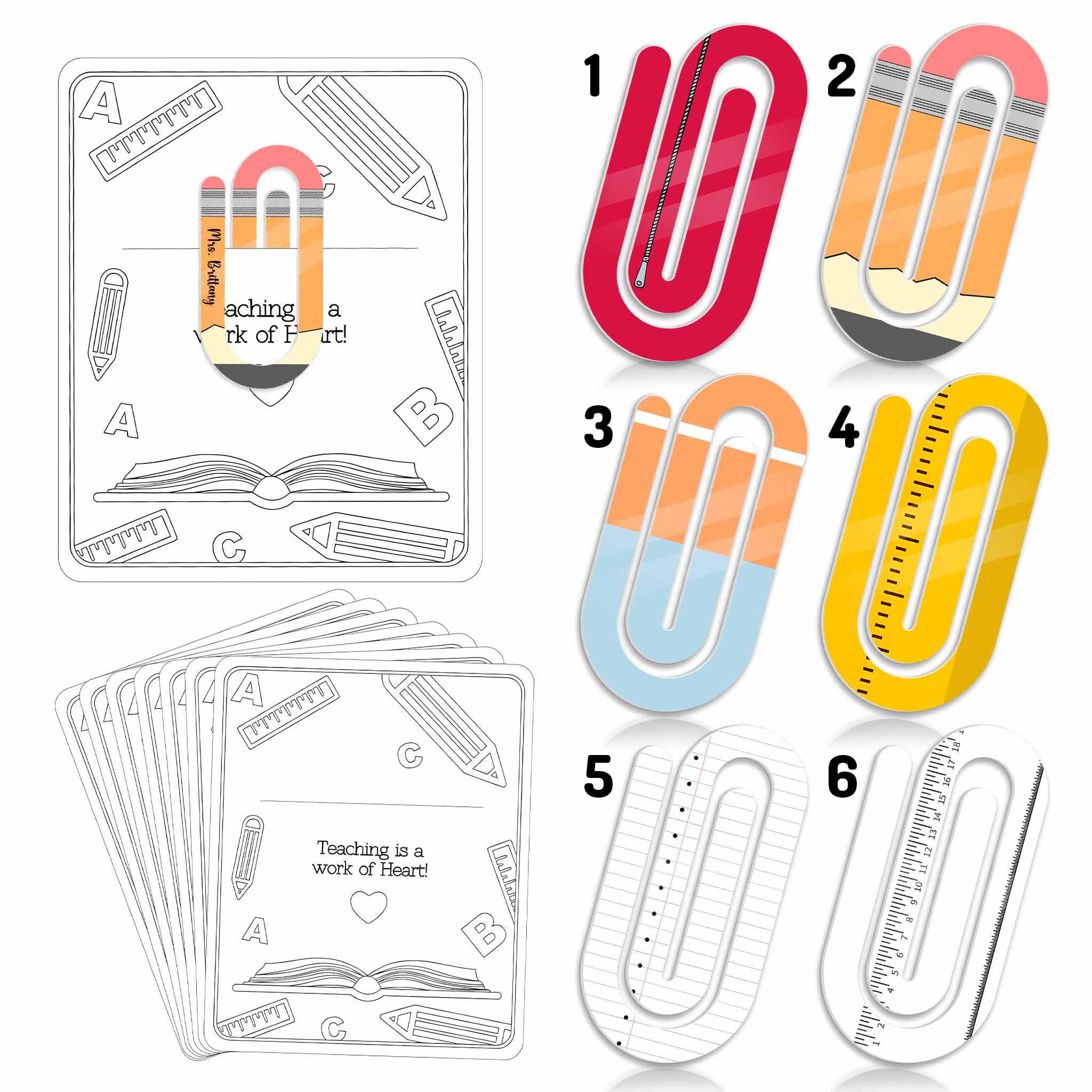 Personalized Teacher Paper Clip Bookmark, School Supply Clip Set, Classroom Gift for Teacher, Pencil Ruler Notebook Design, Fun Office Decor