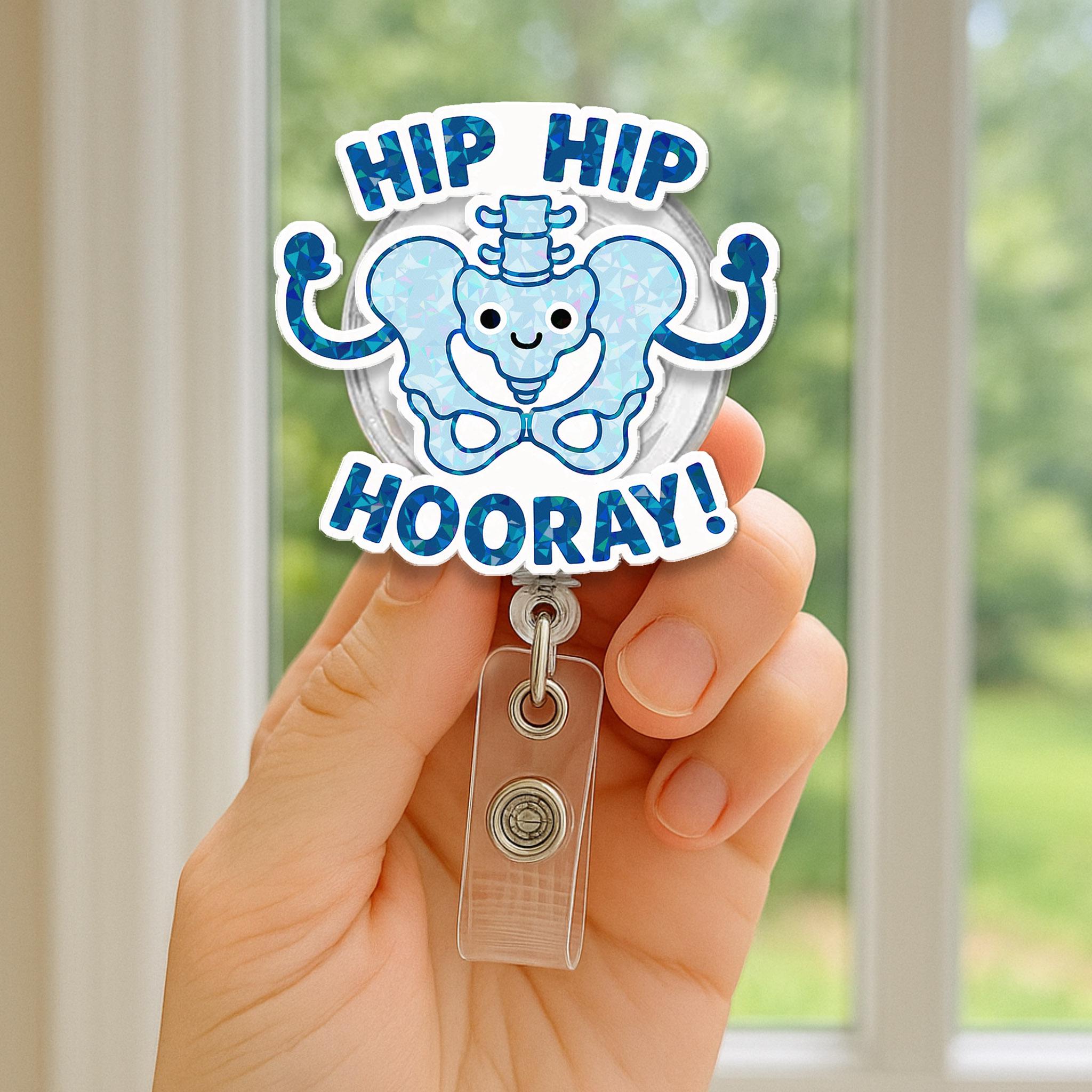 Hip Hip Hooray Hologram Badge Reel, Funny Skeleton ID Holder, Ortho Nurse Gift, Medical Pun Reel, Cute Hospital Badge Clip for Staff