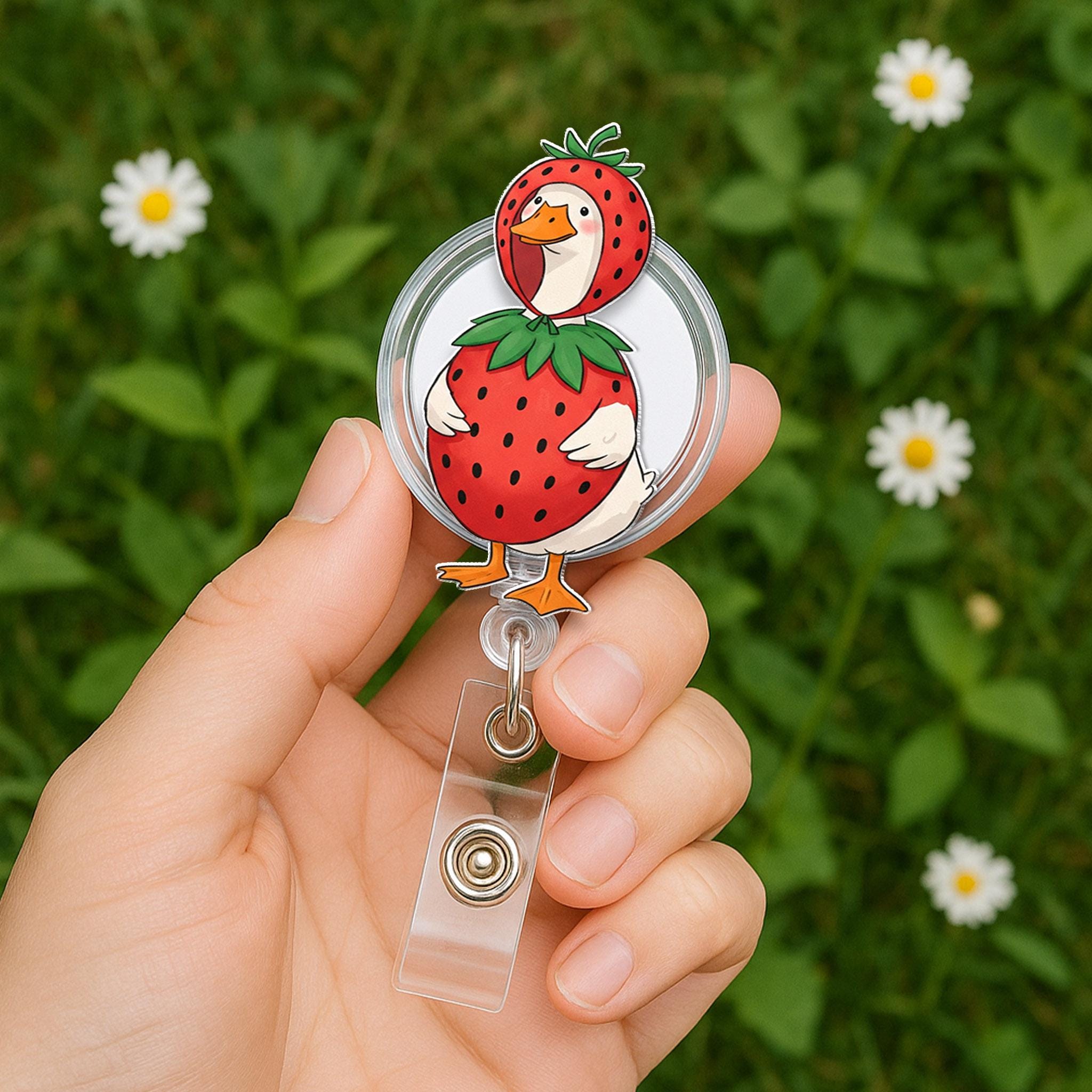 Cute Goose Badge Reel Set, Funny Animal ID Clips, Strawberry Gardener Duck Nurse Gift, Whimsical Office Badge Holder