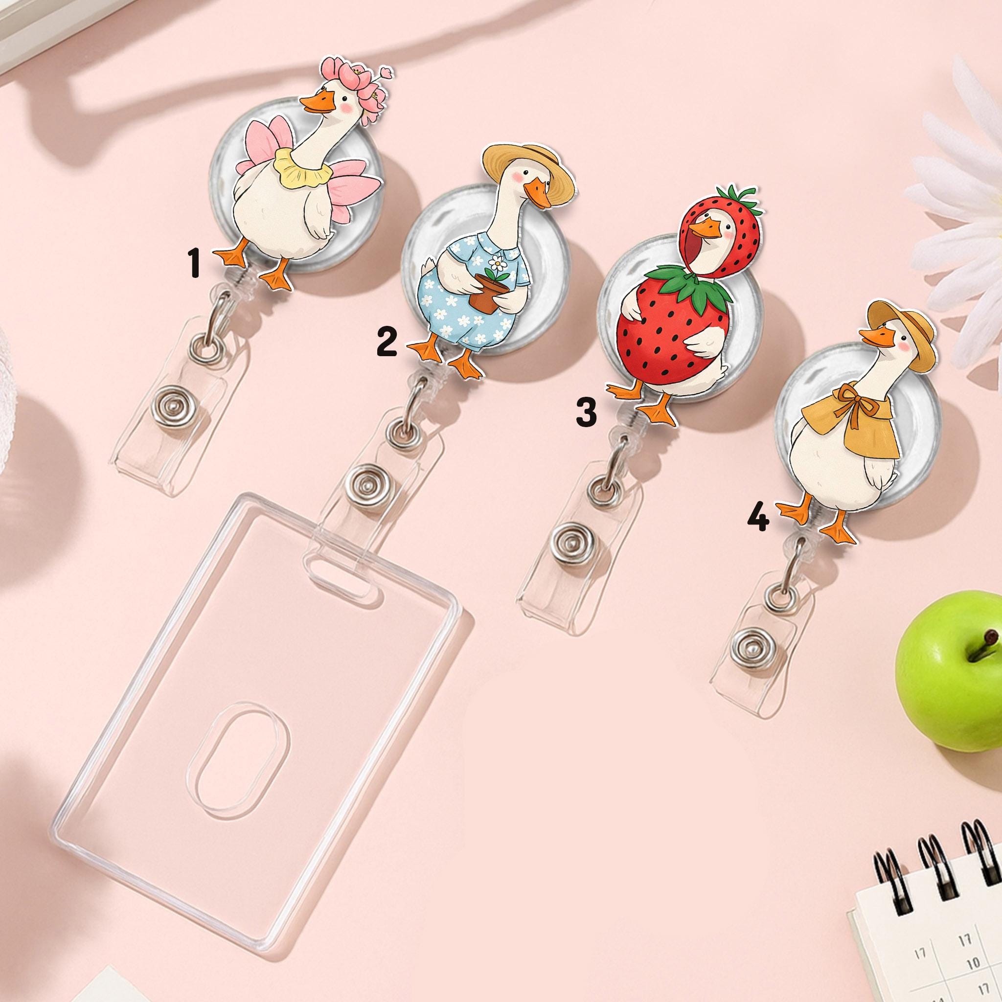 Cute Goose Badge Reel Set, Funny Animal ID Clips, Strawberry Gardener Duck Nurse Gift, Whimsical Office Badge Holder