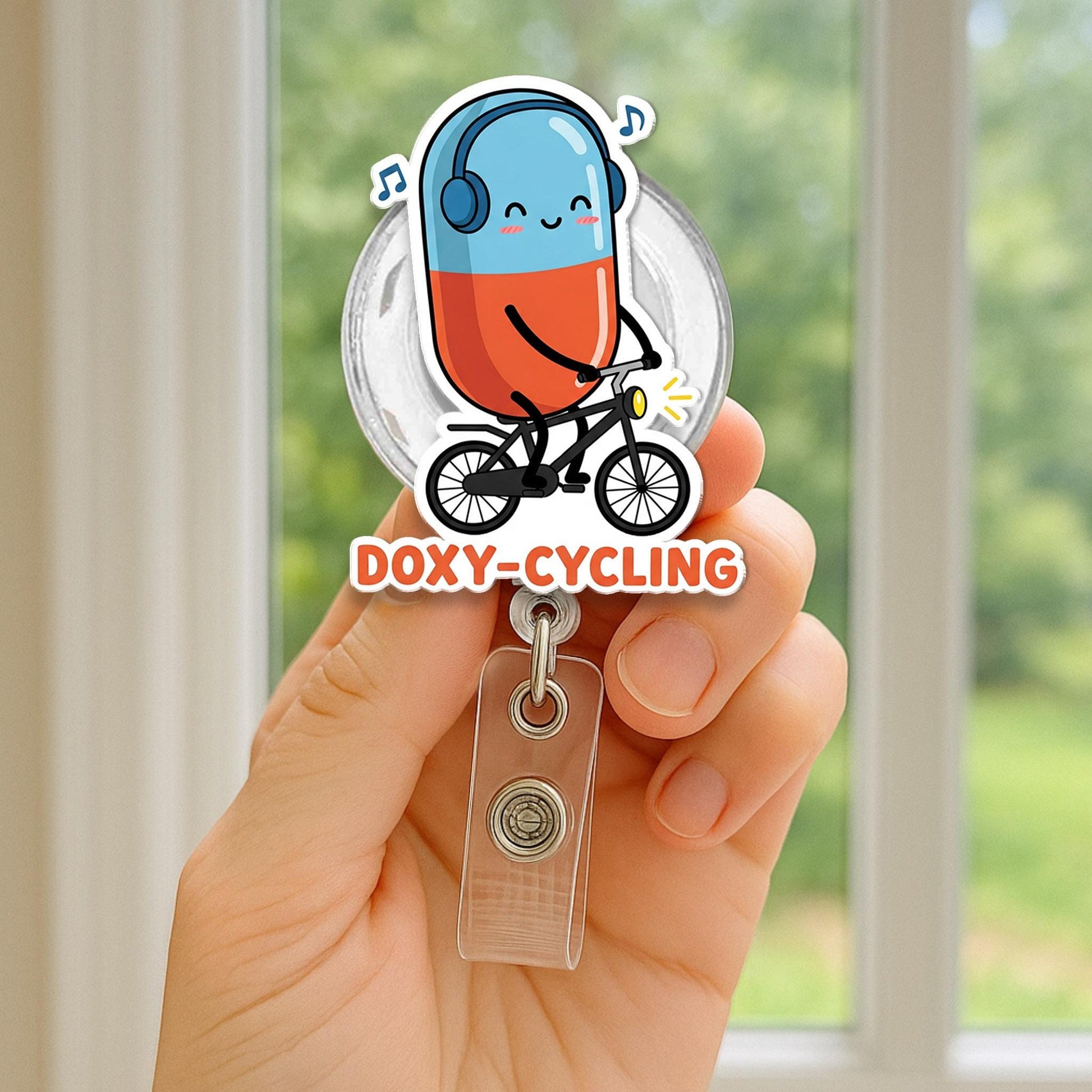 Doxy-Cycling Badge Reel, Funny Pill on Bike ID Clip, Pharmacist Nurse Gift, Cute Medical Pun Badge, Cycling Medicine Reel