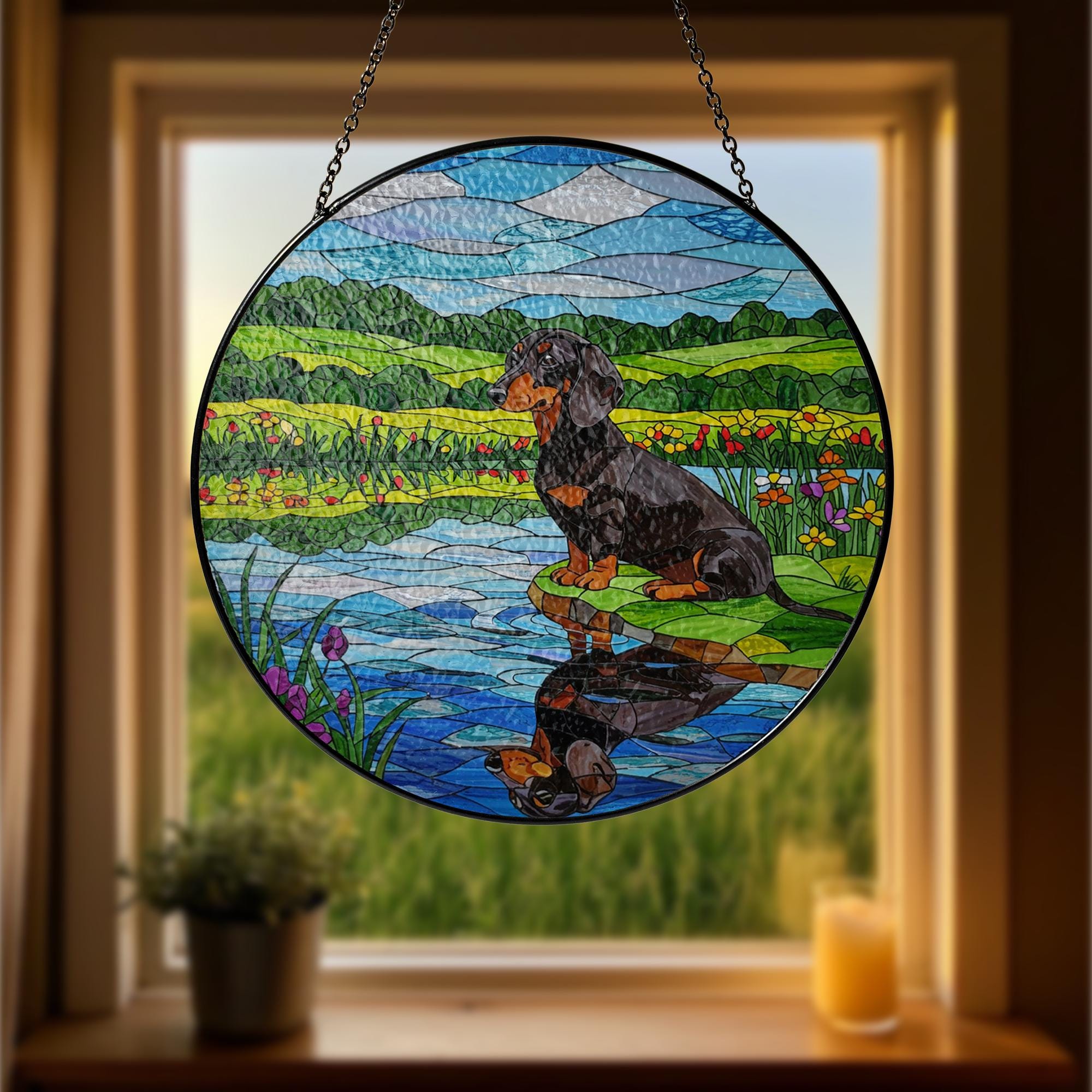 Dachshund GLASS Suncatcher, Glass Dog Art, Wiener Dog Window Decor, Doxie Gift, Dog Lover Gift, Round Glass Panel, Pet Memorial