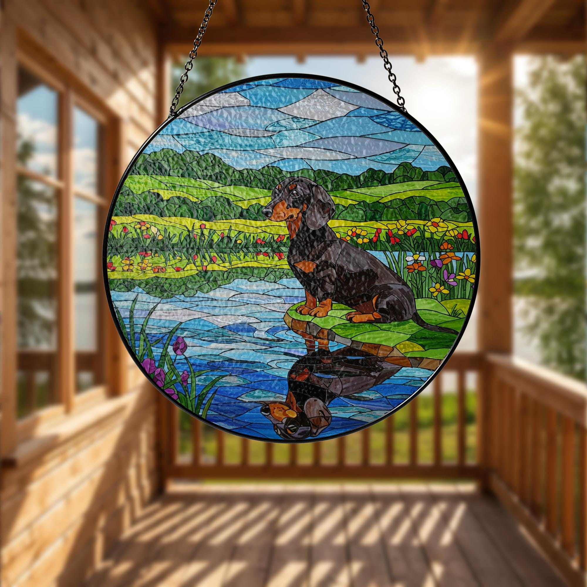 Dachshund GLASS Suncatcher, Glass Dog Art, Wiener Dog Window Decor, Doxie Gift, Dog Lover Gift, Round Glass Panel, Pet Memorial