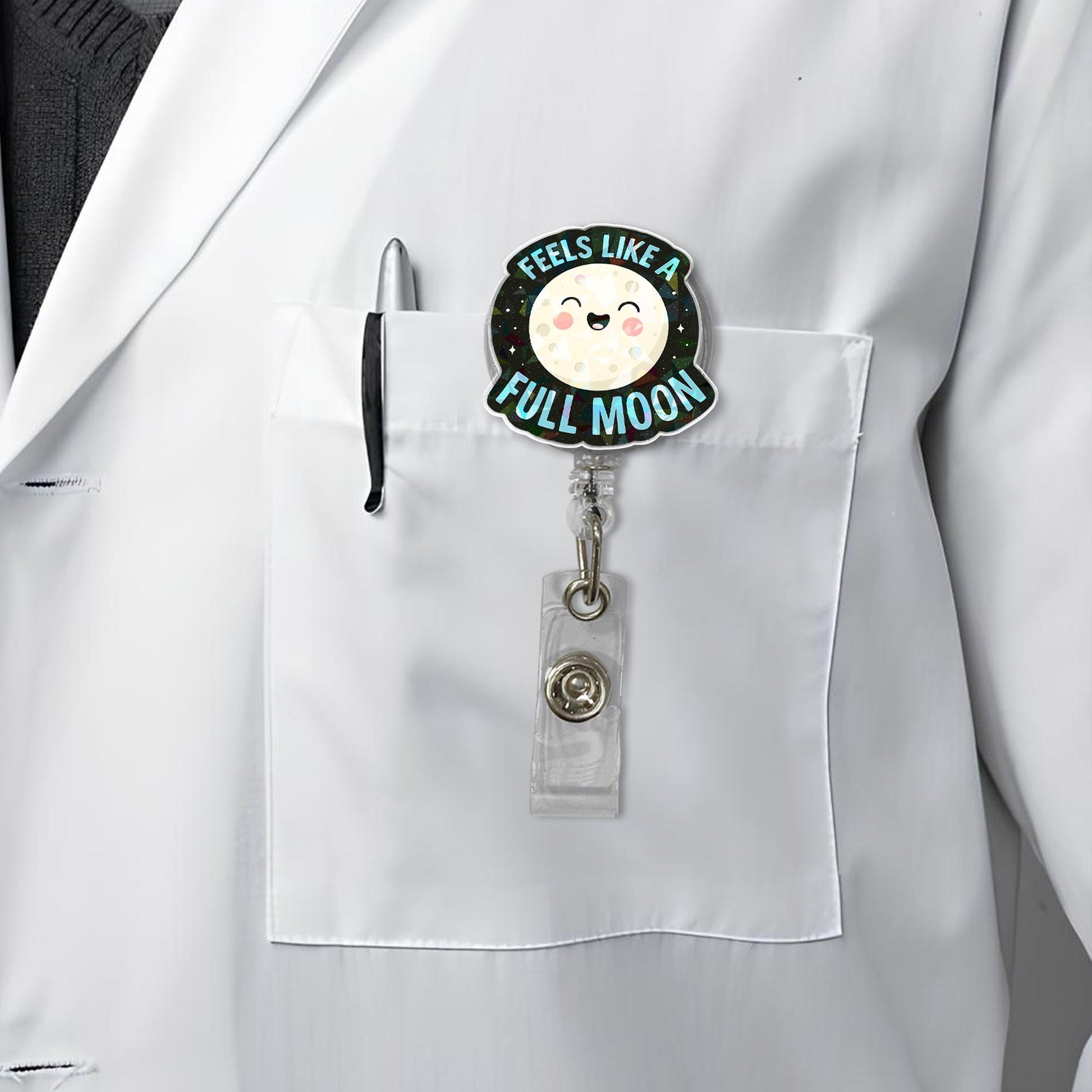 Cute Full Moon Badge Reel - Funny Moon Phases ID Holder - Retractable Name Tag Clip for Nurses, Teachers, Office & Medical Staff