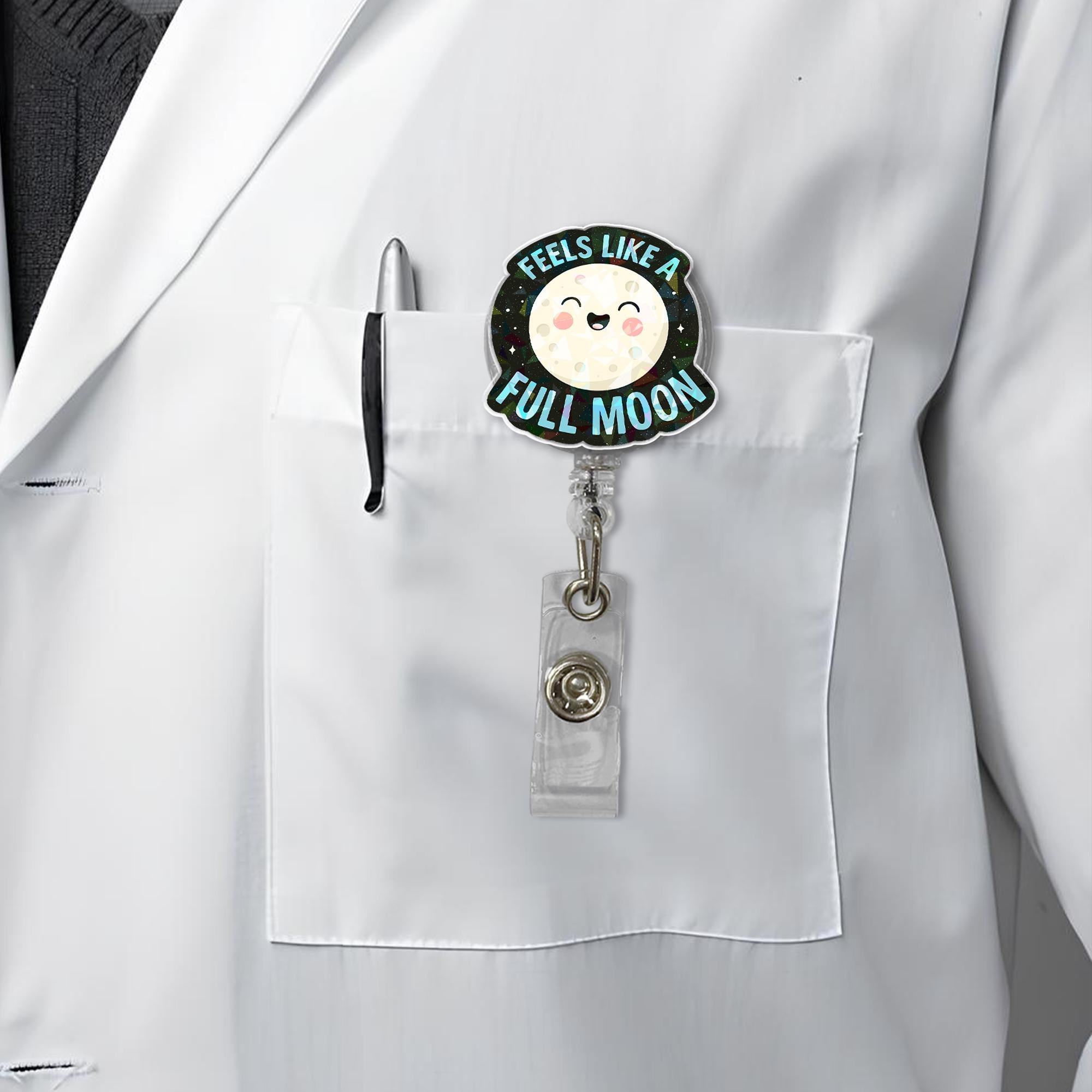 Cute Full Moon Badge Reel - Funny Moon Phases ID Holder - Retractable Name Tag Clip for Nurses, Teachers, Office & Medical Staff