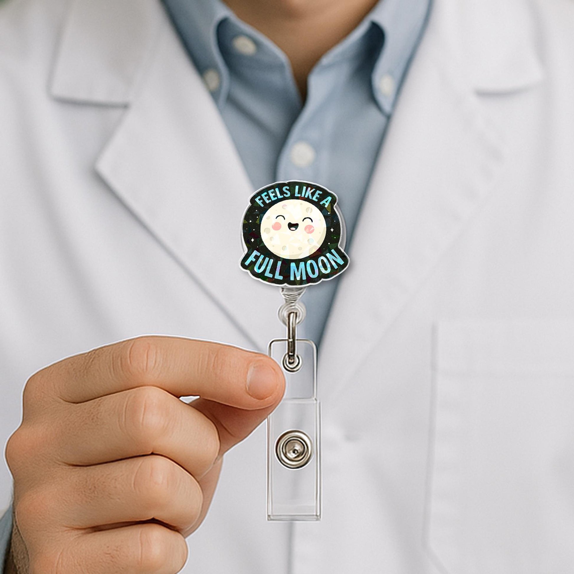 Cute Full Moon Badge Reel - Funny Moon Phases ID Holder - Retractable Name Tag Clip for Nurses, Teachers, Office & Medical Staff