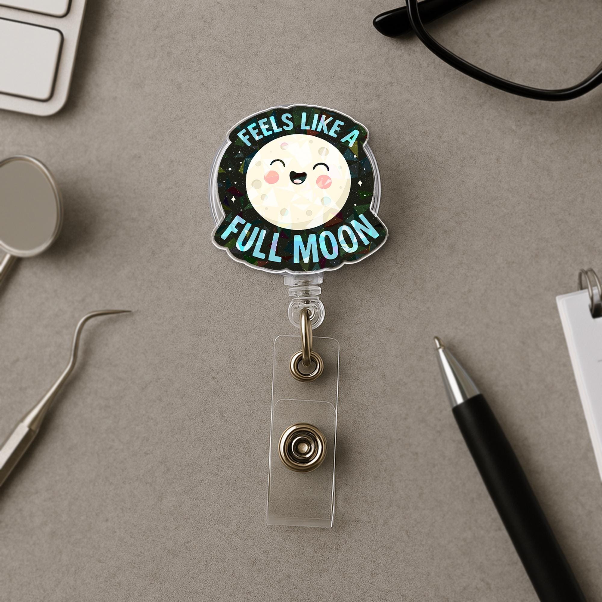 Cute Full Moon Badge Reel - Funny Moon Phases ID Holder - Retractable Name Tag Clip for Nurses, Teachers, Office & Medical Staff