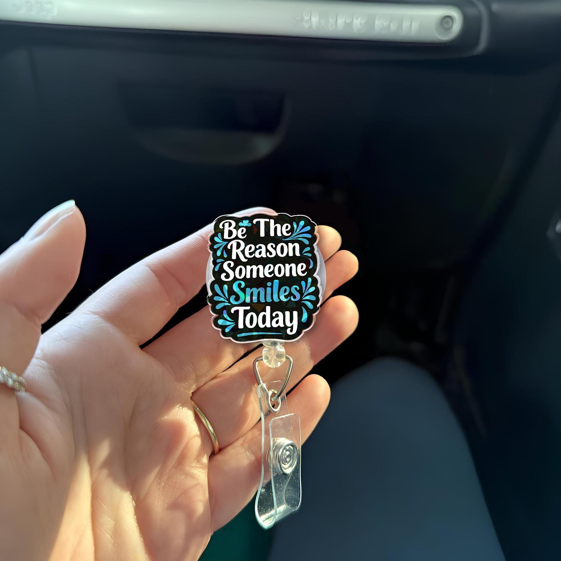 Be the Reason Someone Smiles Today Badge Reel – Motivational Quote ID Holder – Retractable Clip for Nurses, Teachers, Office Staff