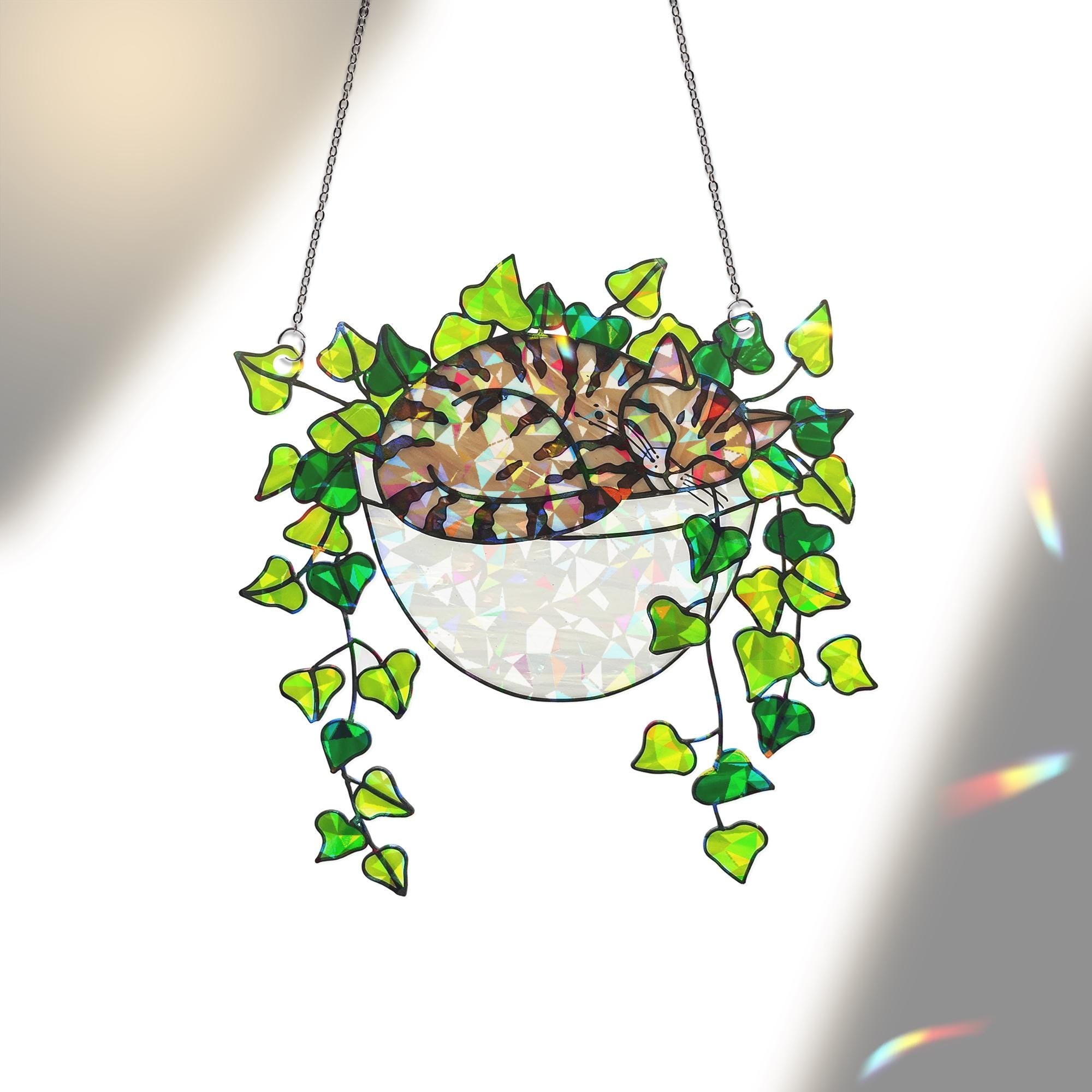 Tabby Cat Sleeping on Ivy Hologram Ornament | Cat ACRYLIC Window Hanging | Plant Lover Gift | Ivy Plants Decor, Cozy Cat Decor, Gift For Mom