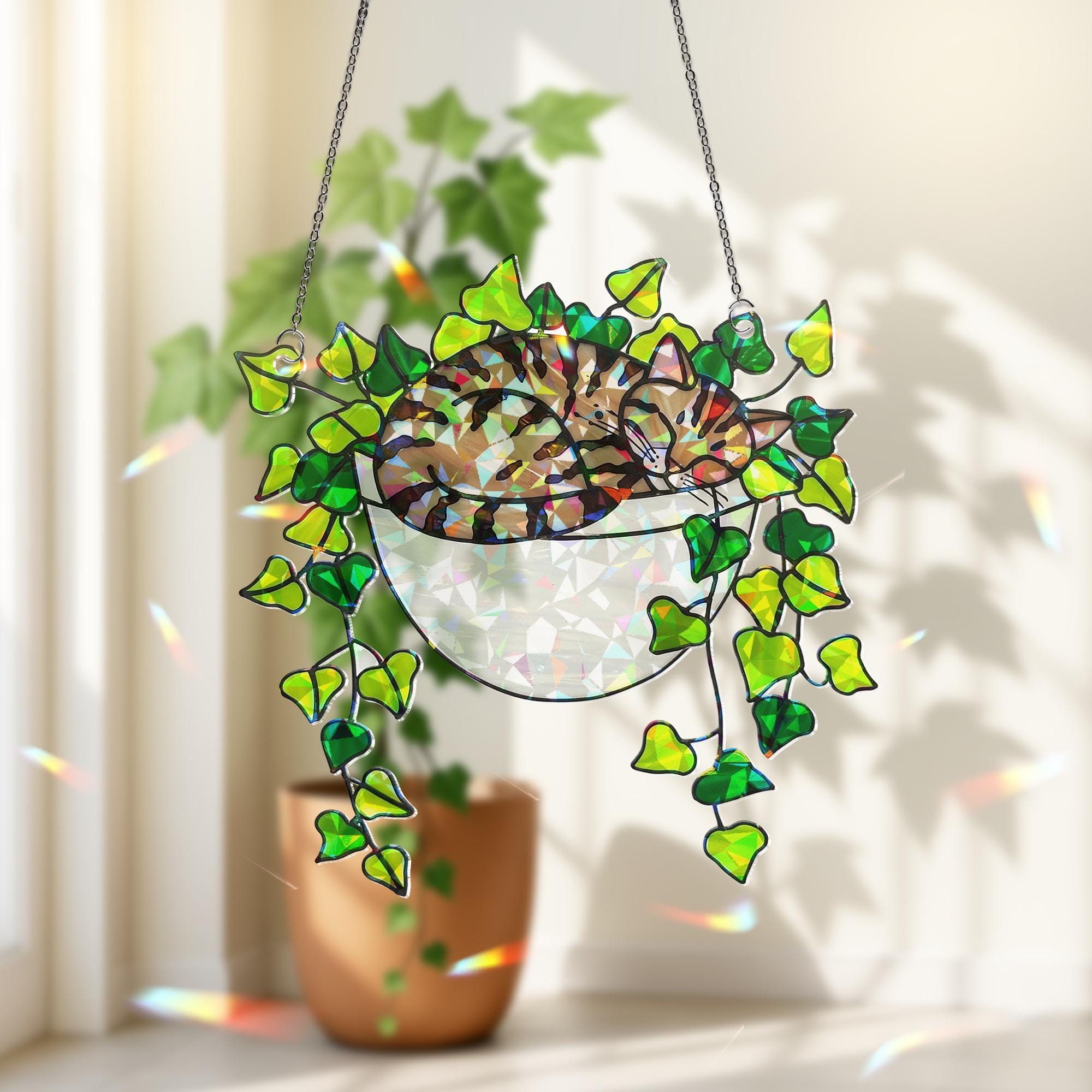 Tabby Cat Sleeping on Ivy Hologram Ornament | Cat ACRYLIC Window Hanging | Plant Lover Gift | Ivy Plants Decor, Cozy Cat Decor, Gift For Mom